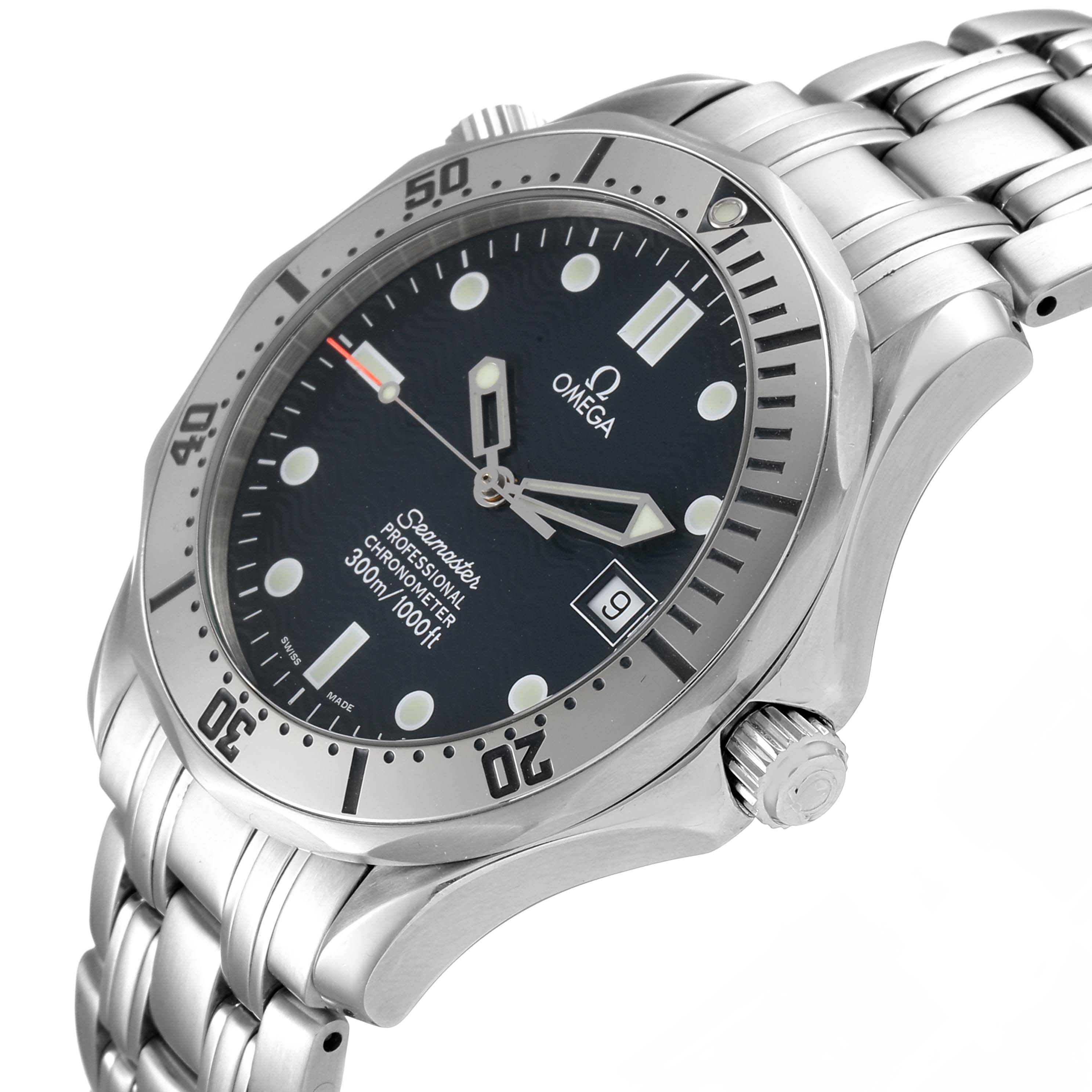 The image shows an angled view of the Omega Seamaster 2532.80.00 Men
s Stainless Steel Blue Dial 2532.80.00 Men
s Stainless Steel Blue Dial watch, highlighting the dial, bezel, crown, and part of the bracelet.