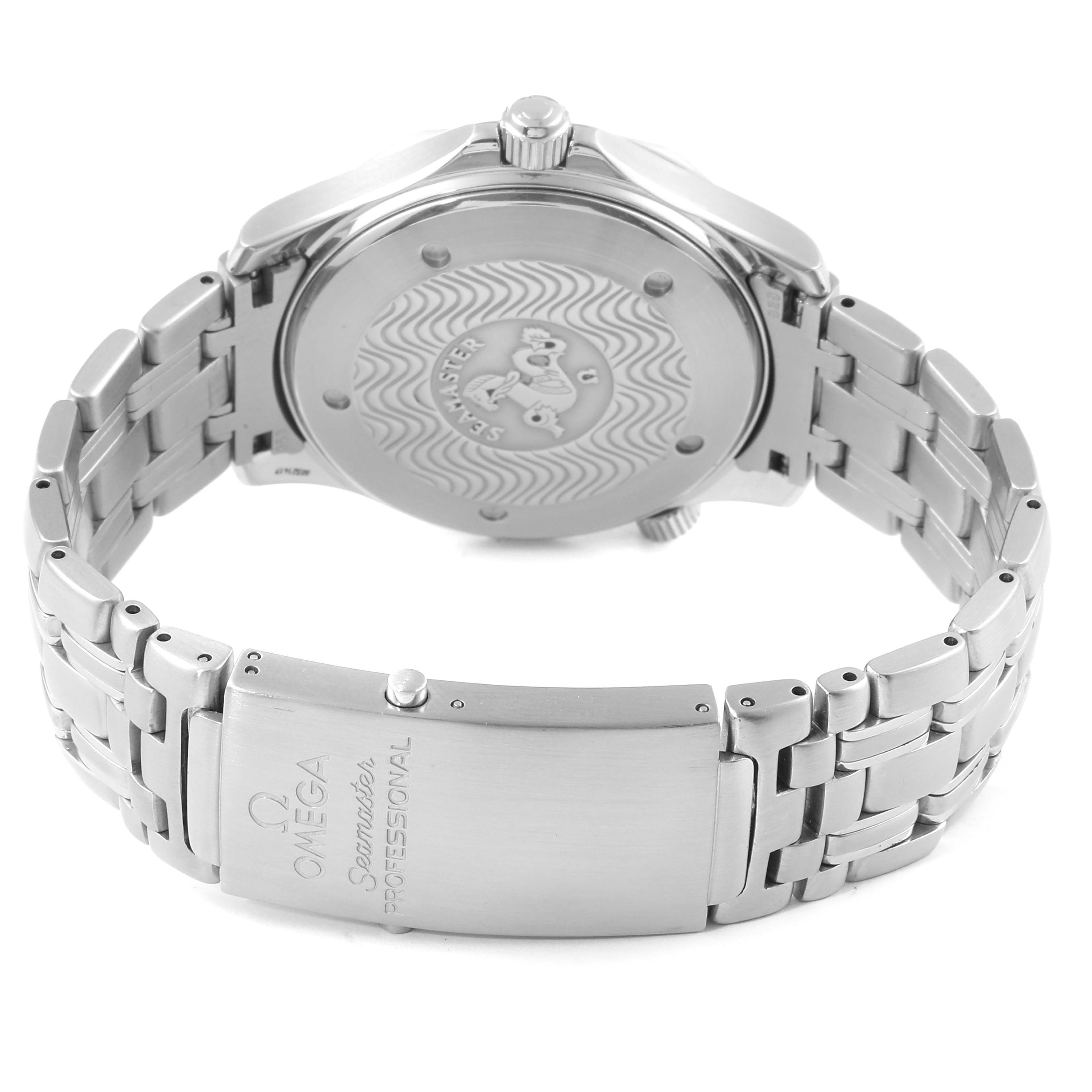 The image shows the back case and metal bracelet of an Omega Seamaster 2532.80.00 Men
s Stainless Steel Blue Dial 2532.80.00 Men
s Stainless Steel Blue Dial watch from a rear angle.