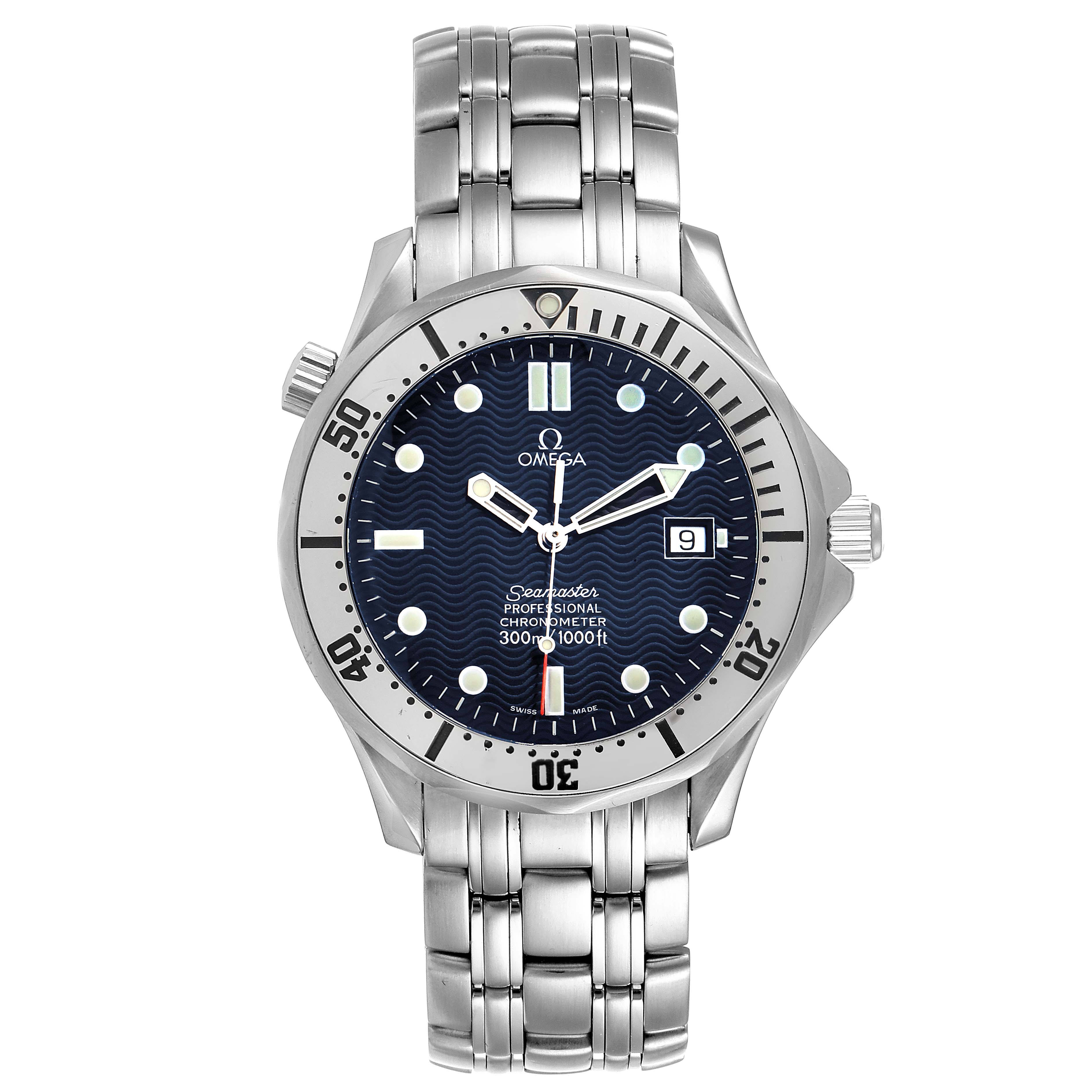 This image shows a front view of the Omega Seamaster 2532.80.00 Men
s Stainless Steel Blue Dial 2532.80.00 Men
s Stainless Steel Blue Dial watch, displaying its dial, bezel, bracelet, and crown.