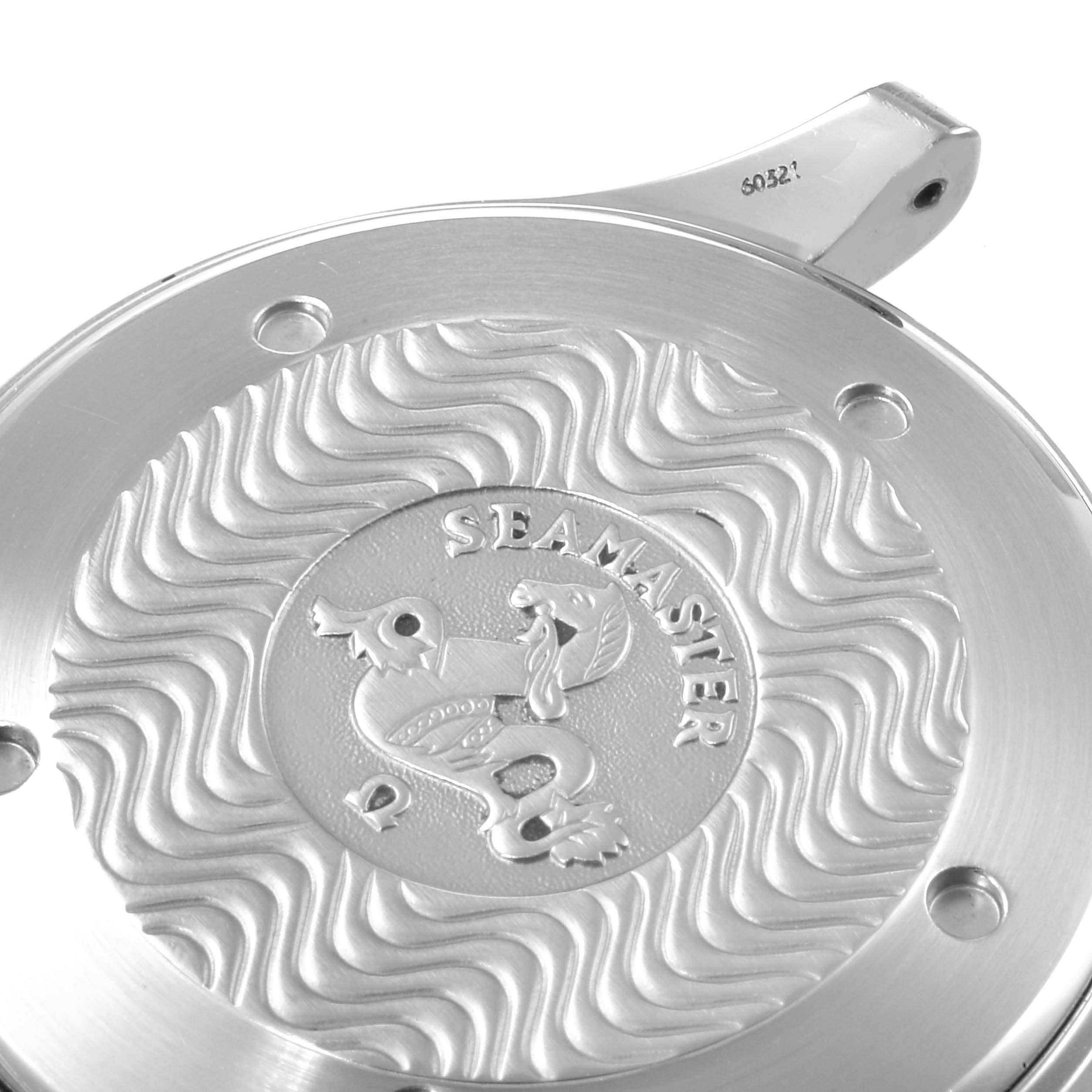 This image shows the case back of an Omega Seamaster 2532.80.00 Men
s Stainless Steel Blue Dial 2532.80.00 Men
s Stainless Steel Blue Dial watch, highlighting its engraved design.