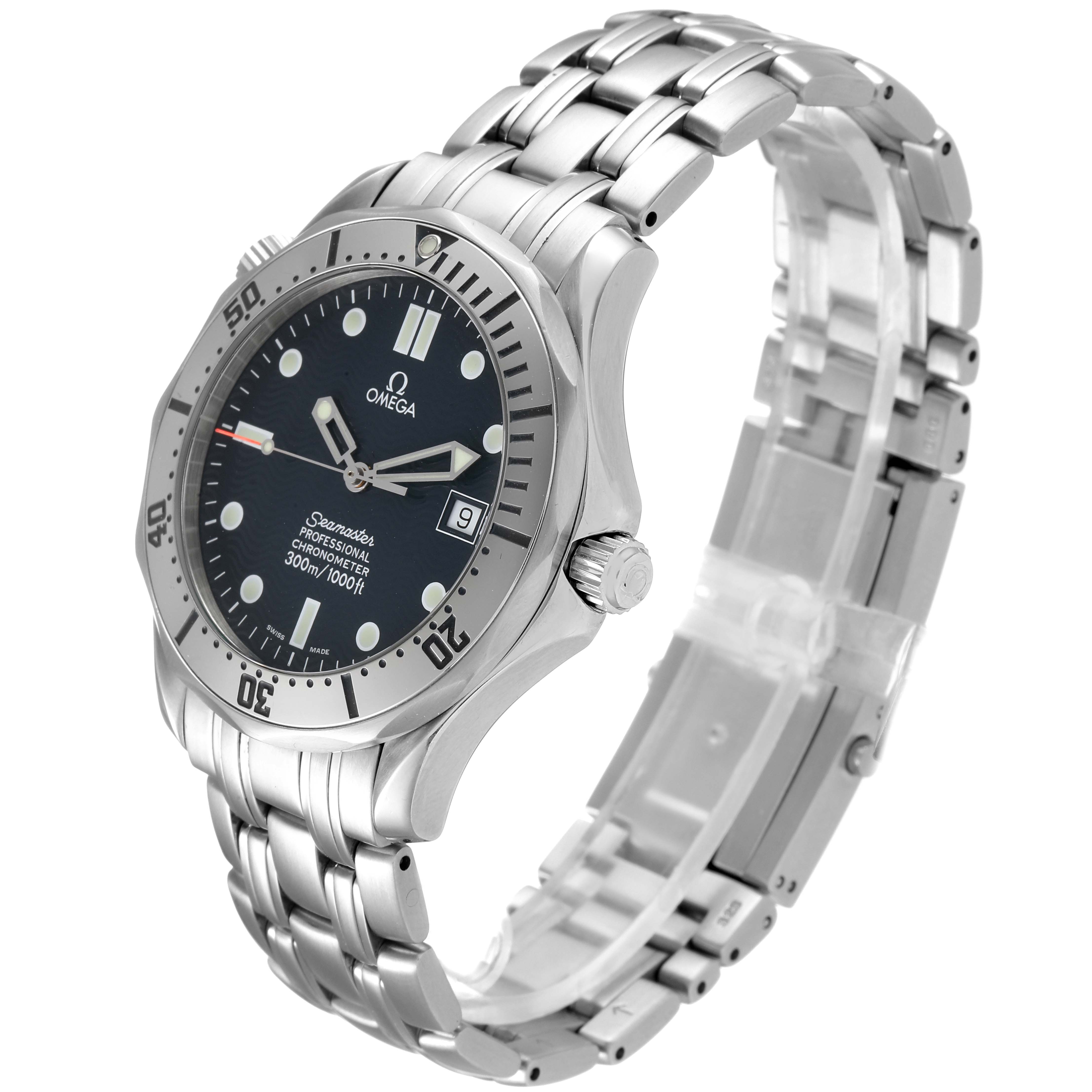 This image shows a side angle of an Omega Seamaster 2532.80.00 Men
s Stainless Steel Blue Dial 2532.80.00 Men
s Stainless Steel Blue Dial watch, highlighting the face, bezel, crown, and bracelet.