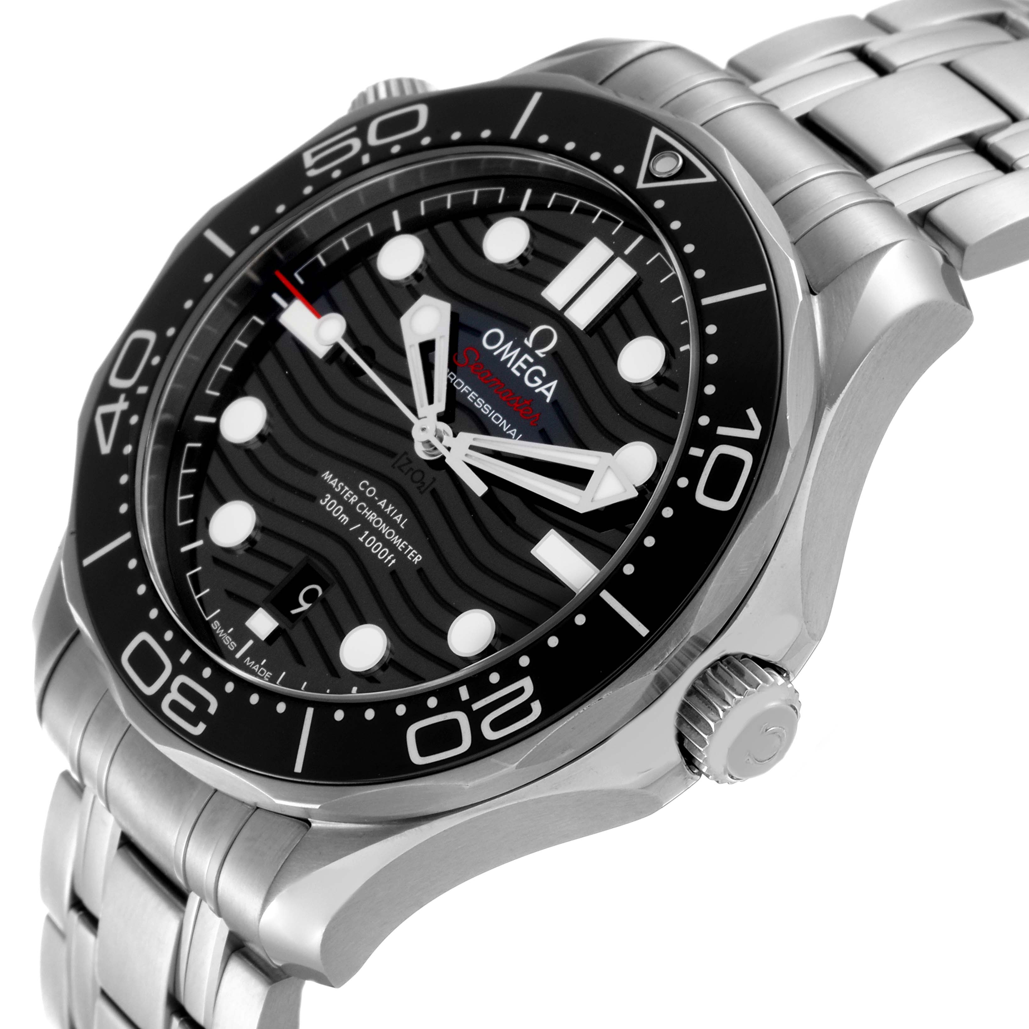 The Omega Seamaster 210.30.42.20.01.001 Men's Stainless Steel Black Dial 210.30.42.20.01.001 Men's Stainless Steel Black Dial watch is shown at a three-quarters angle, highlighting the dial, bezel, crown, and bracelet.