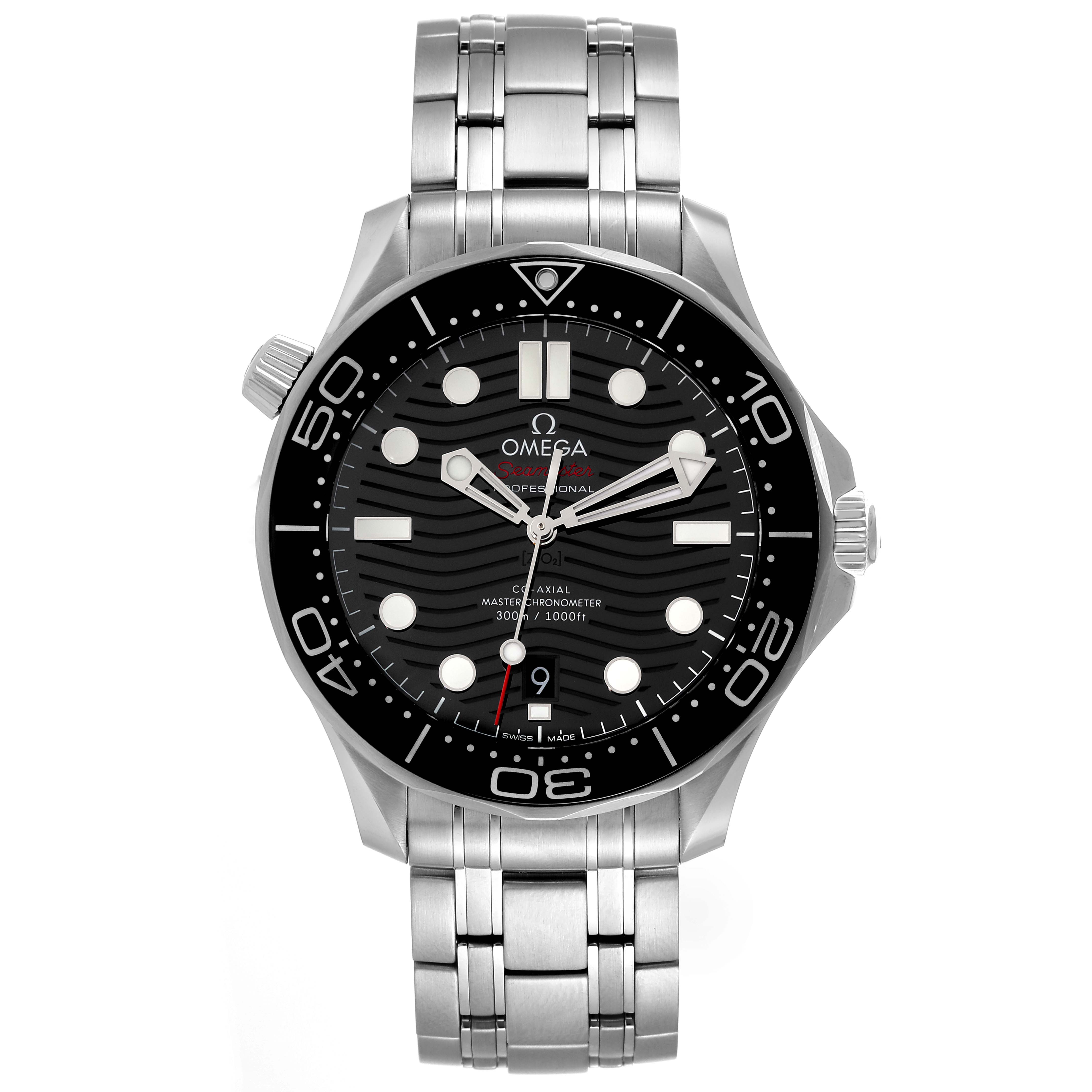 This image shows a front-facing view of the Omega Seamaster 210.30.42.20.01.001 Men's Stainless Steel Black Dial 210.30.42.20.01.001 Men's Stainless Steel Black Dial watch, displaying its dial, bezel, and bracelet.