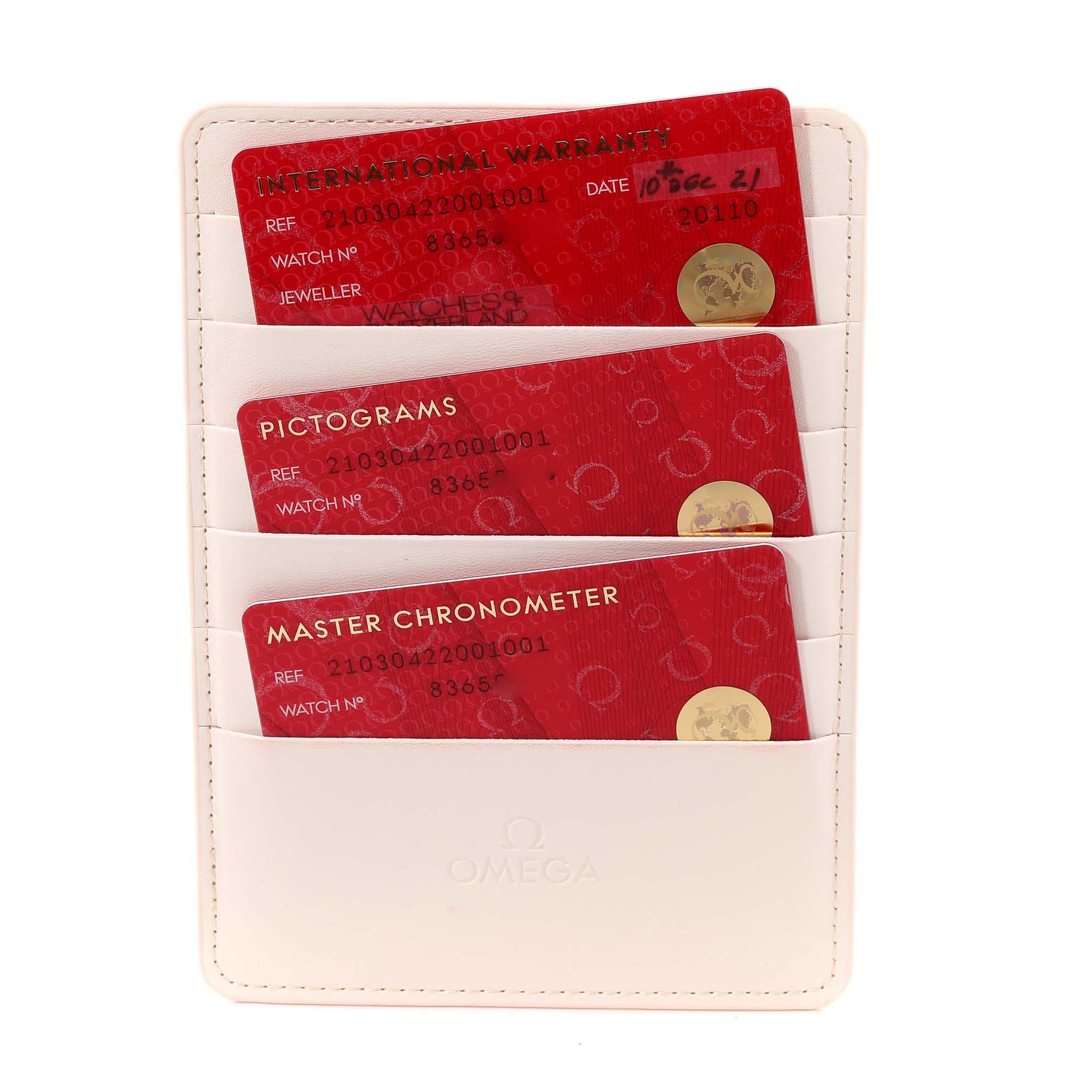 The image shows warranty and authenticity cards for an Omega Seamaster 210.30.42.20.01.001 Men's Stainless Steel Black Dial 210.30.42.20.01.001 Men's Stainless Steel Black Dial watch in a white cardholder.