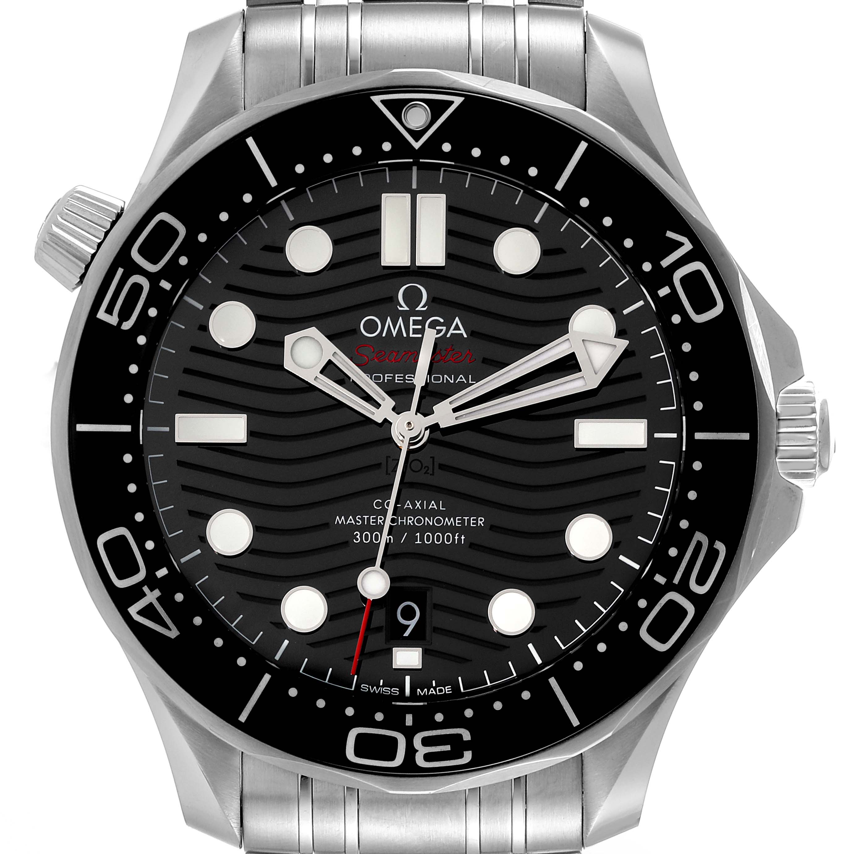 This image shows a frontal view of the Omega Seamaster 210.30.42.20.01.001 Men's Stainless Steel Black Dial 210.30.42.20.01.001 Men's Stainless Steel Black Dial watch, displaying its face, bezel, and part of the stainless steel bracelet.
