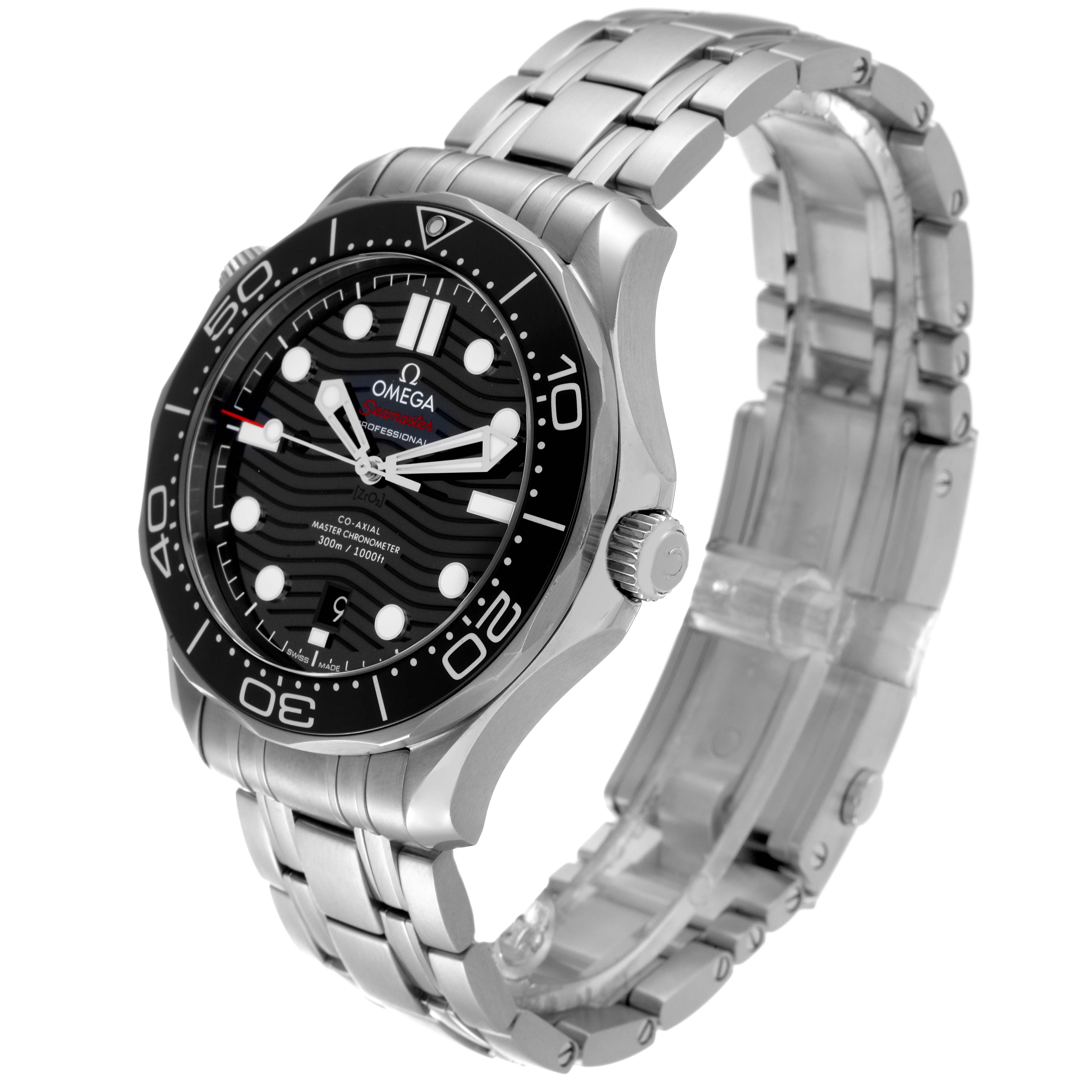 The image shows a side angle of the Omega Seamaster 210.30.42.20.01.001 Men's Stainless Steel Black Dial 210.30.42.20.01.001 Men's Stainless Steel Black Dial watch, highlighting the dial, bezel, and stainless steel bracelet.