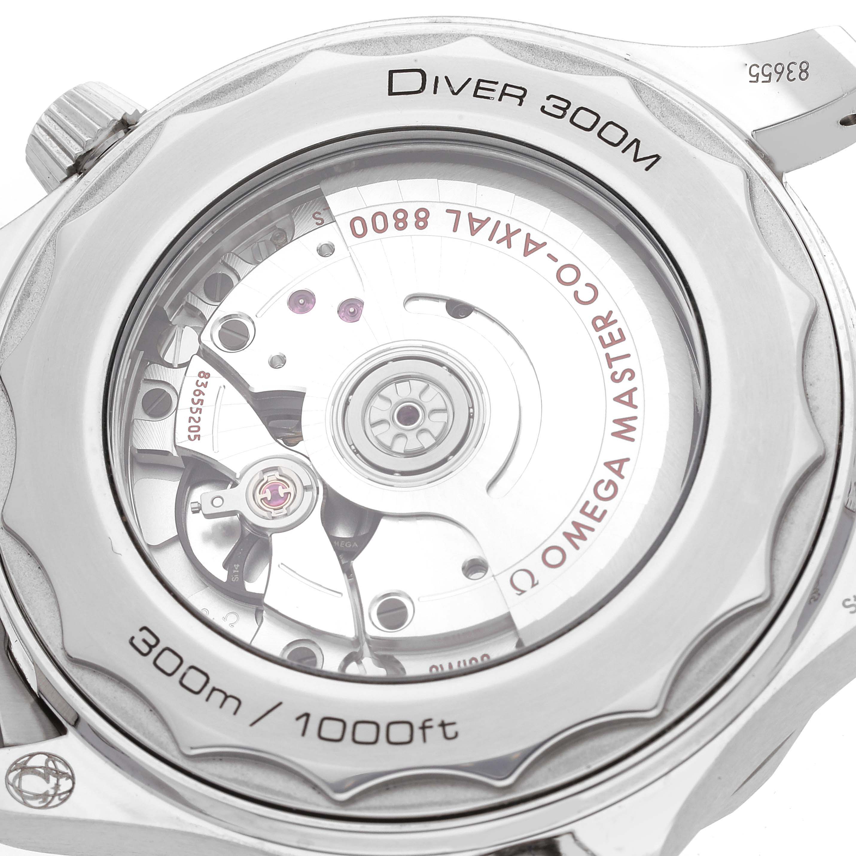 The image shows the back of an Omega Seamaster 210.30.42.20.01.001 Men's Stainless Steel Black Dial 210.30.42.20.01.001 Men's Stainless Steel Black Dial Diver 300M, highlighting the watch's exposed movement mechanism.