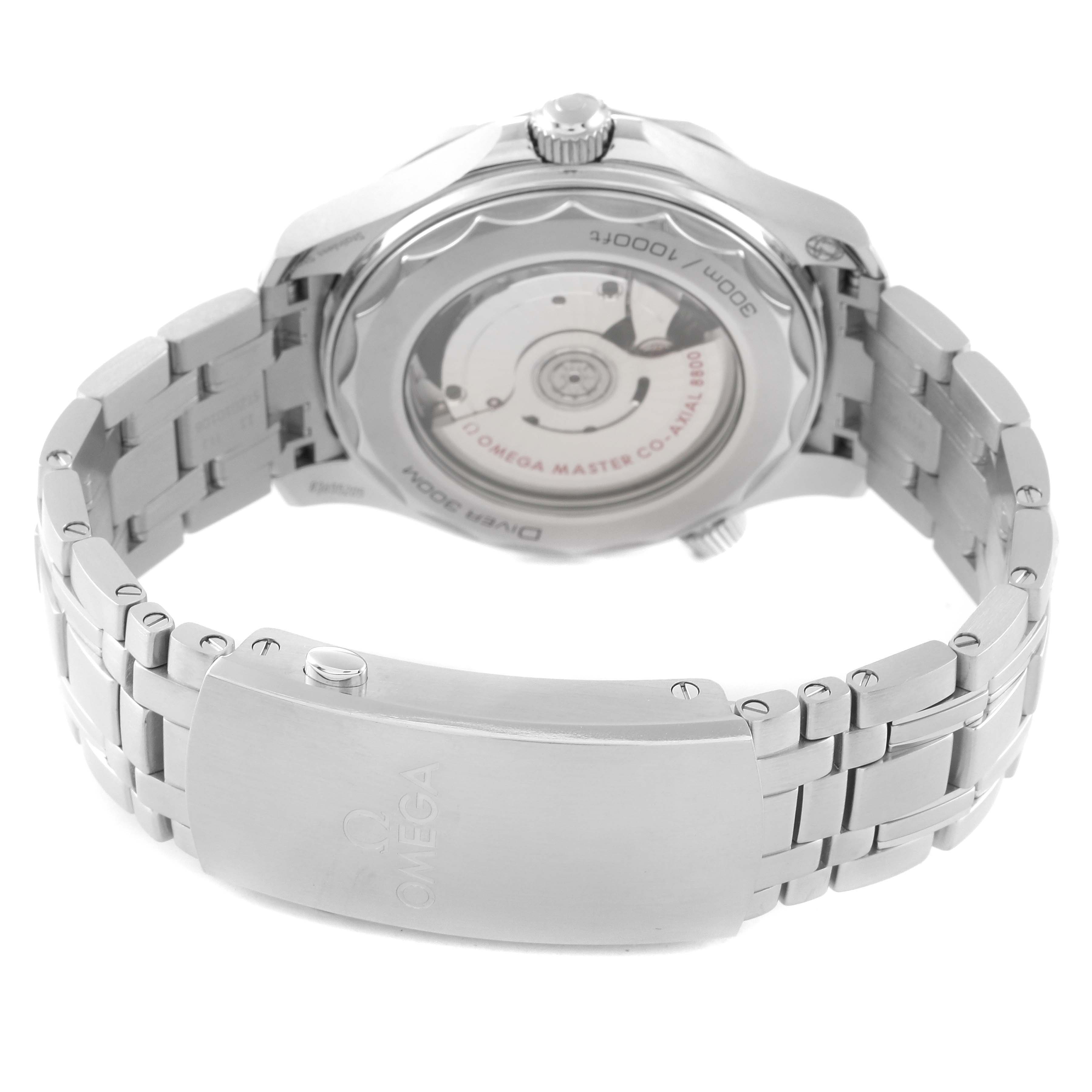 The image shows the back view of an Omega Seamaster 210.30.42.20.01.001 Men's Stainless Steel Black Dial 210.30.42.20.01.001 Men's Stainless Steel Black Dial watch, highlighting its stainless steel bracelet and transparent case back.