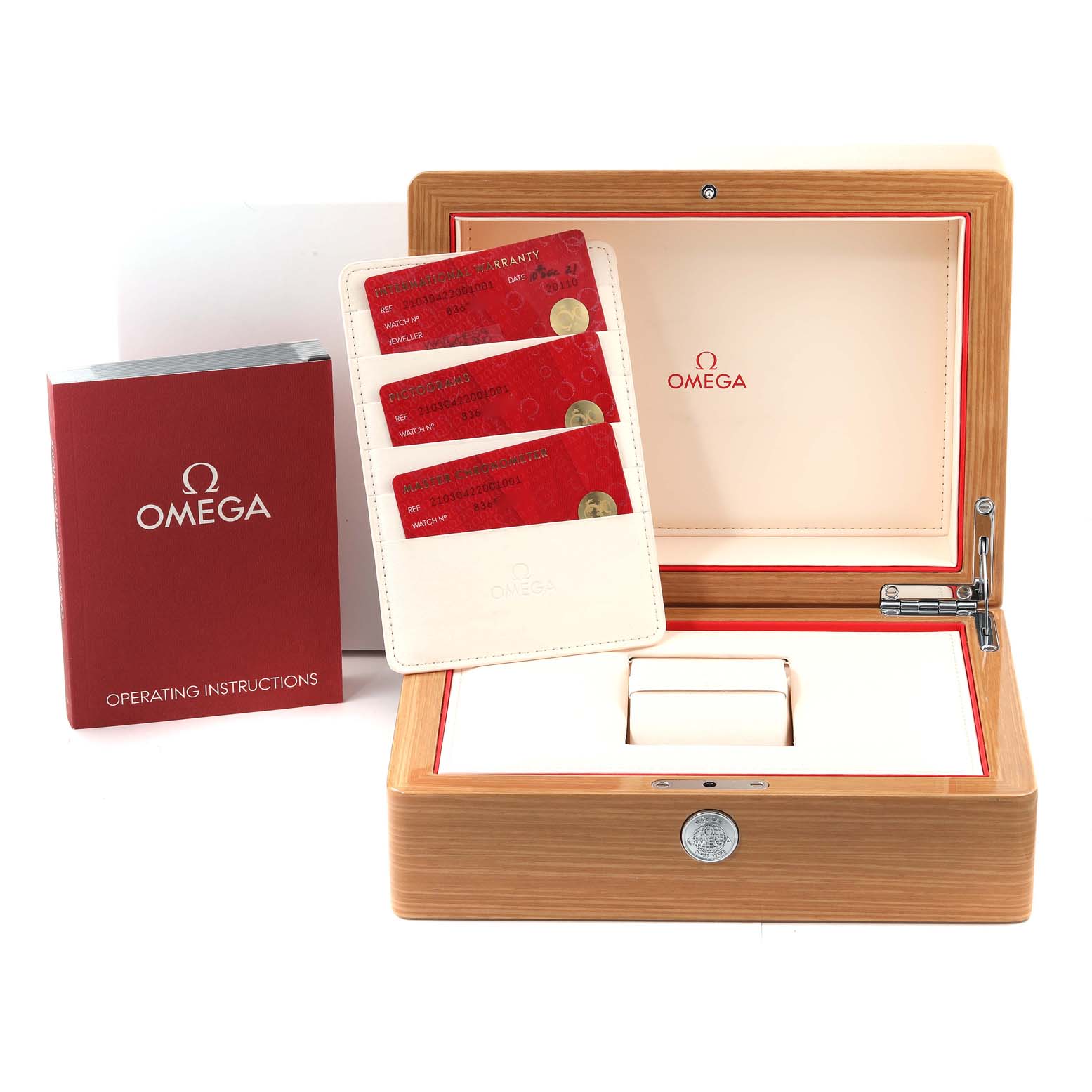 The image shows the Omega Seamaster 210.30.42.20.01.001 Men's Stainless Steel Black Dial 210.30.42.20.01.001 Men's Stainless Steel Black Dial watch box, operating instructions, and warranty cards at a straight-on angle.