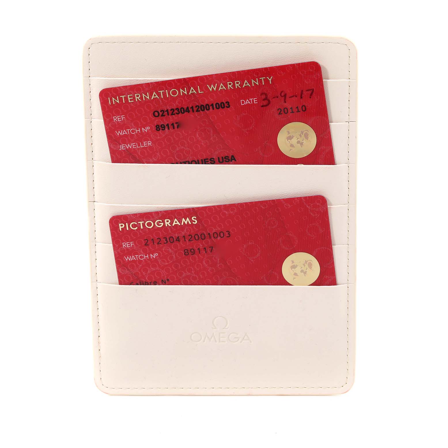 The image shows Omega Seamaster 212.30.41.20.01.003 Men's Stainless Steel Black Dial 212.30.41.20.01.003 Men's Stainless Steel Black Dial warranty and pictogram cards in a white Omega cardholder.