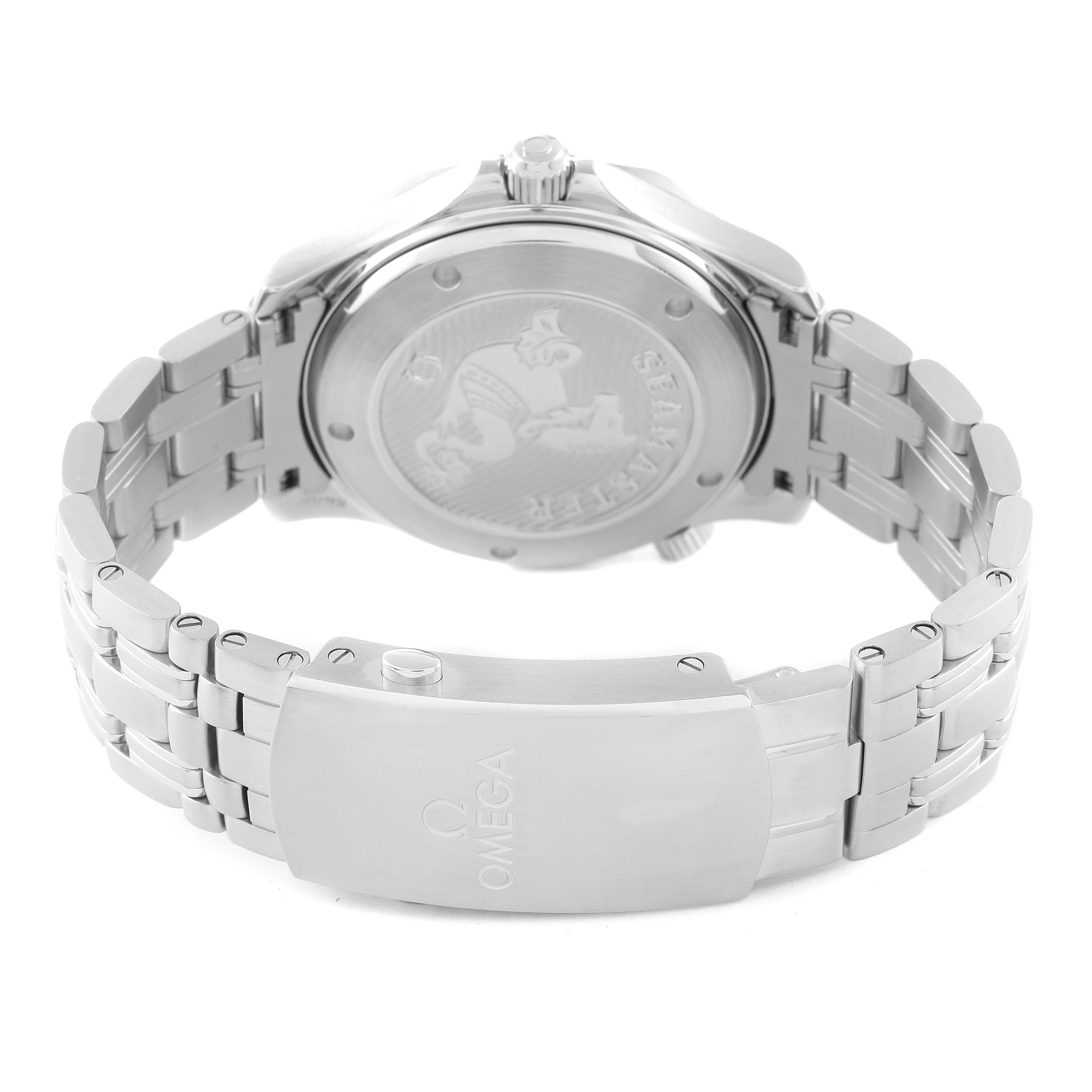 The image shows a rear view of the Omega Seamaster 212.30.41.20.01.003 Men's Stainless Steel Black Dial 212.30.41.20.01.003 Men's Stainless Steel Black Dial watch, highlighting its stainless steel case back and bracelet clasp.