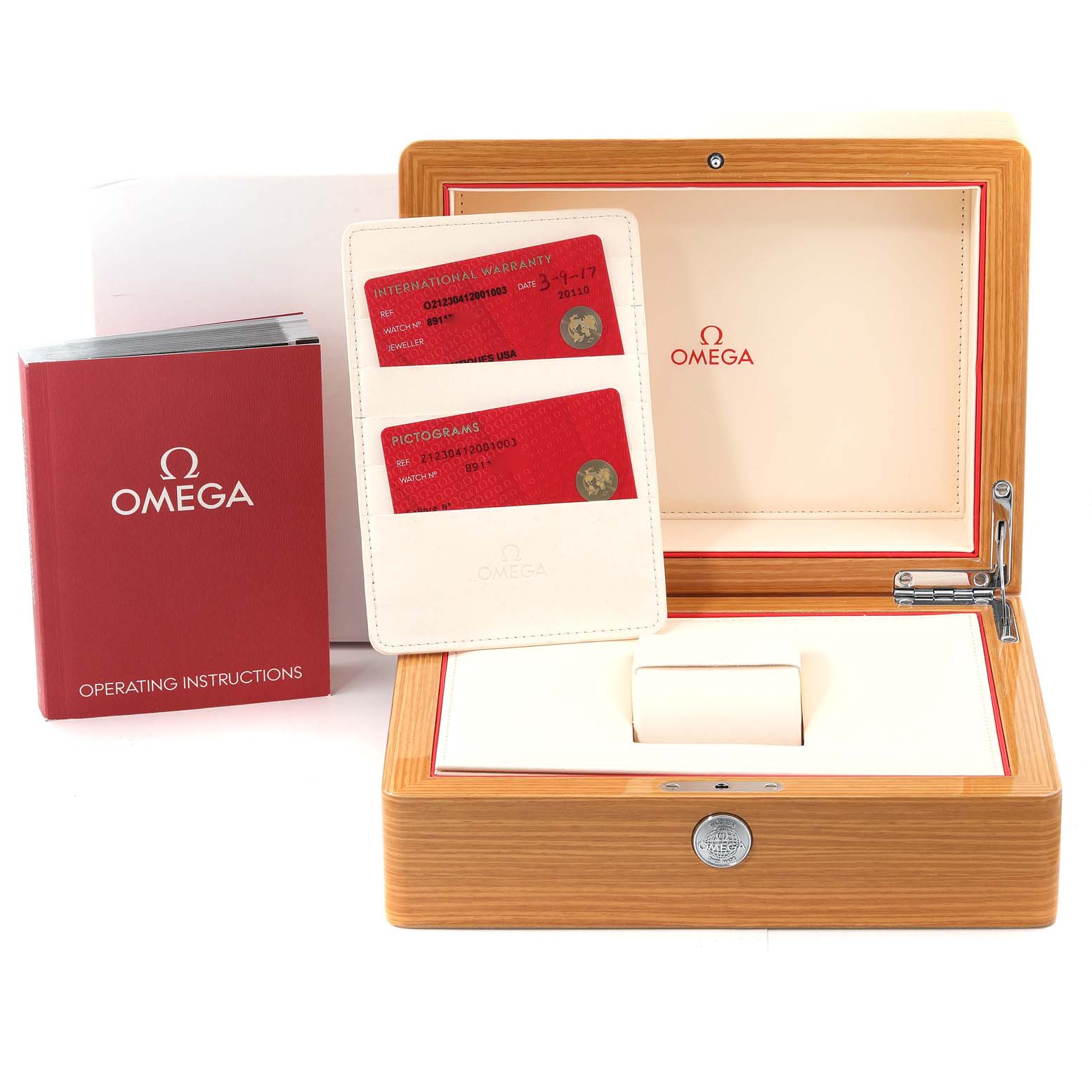 The image shows an Omega Seamaster 212.30.41.20.01.003 Men's Stainless Steel Black Dial 212.30.41.20.01.003 Men's Stainless Steel Black Dial watch box, operating instructions, warranty cards, and a watch cushion from a slightly elevated angle.