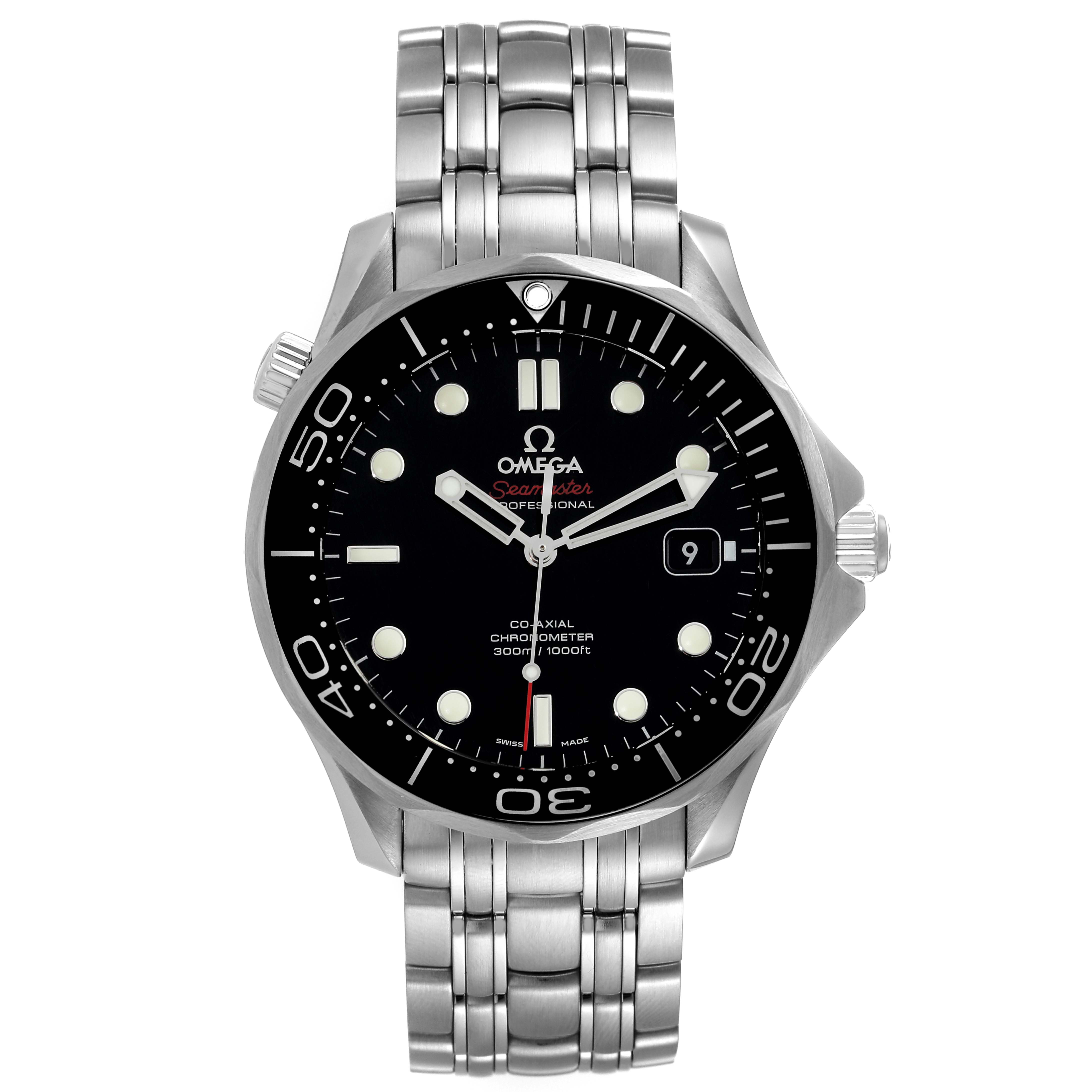 The image shows a front view of an Omega Seamaster 212.30.41.20.01.003 Men's Stainless Steel Black Dial 212.30.41.20.01.003 Men's Stainless Steel Black Dial watch, highlighting its face, bezel, and bracelet.