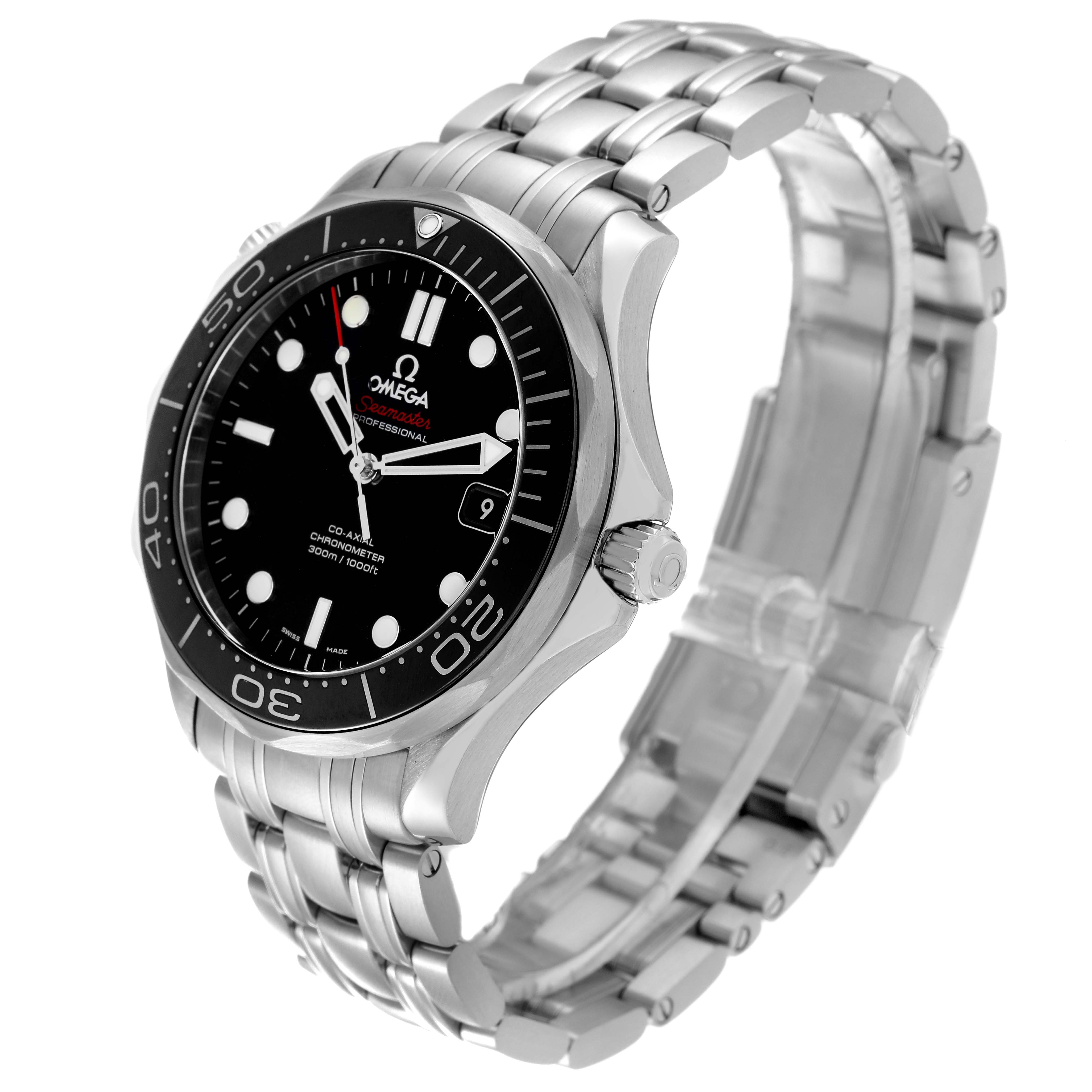The Omega Seamaster 212.30.41.20.01.003 Men's Stainless Steel Black Dial 212.30.41.20.01.003 Men's Stainless Steel Black Dial watch is shown at a front-right angle, displaying the dial, bezel, and part of the metal bracelet.