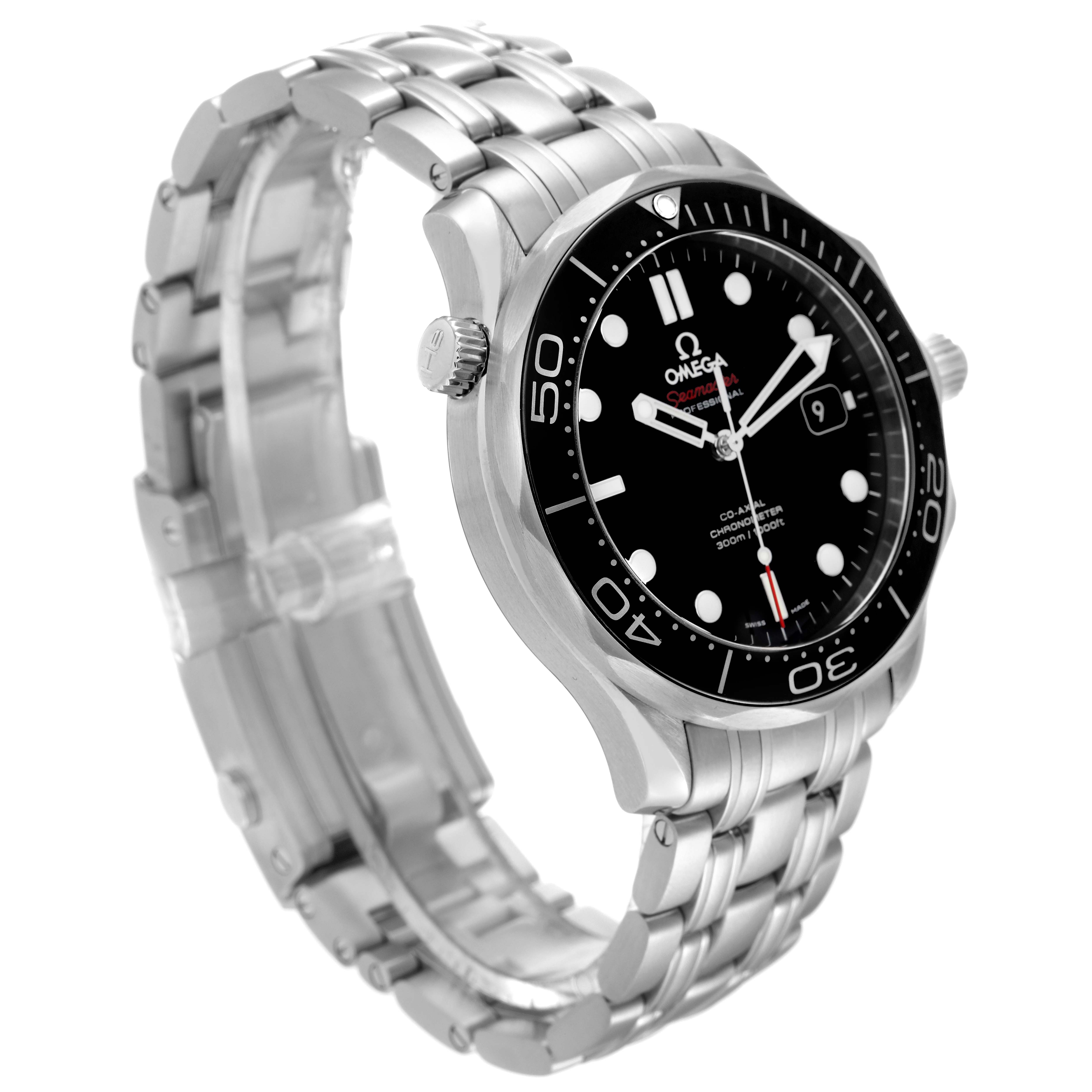 The image shows a side-angle view of the Omega Seamaster 212.30.41.20.01.003 Men's Stainless Steel Black Dial 212.30.41.20.01.003 Men's Stainless Steel Black Dial watch, highlighting its bezel, dial, crown, and stainless steel bracelet.