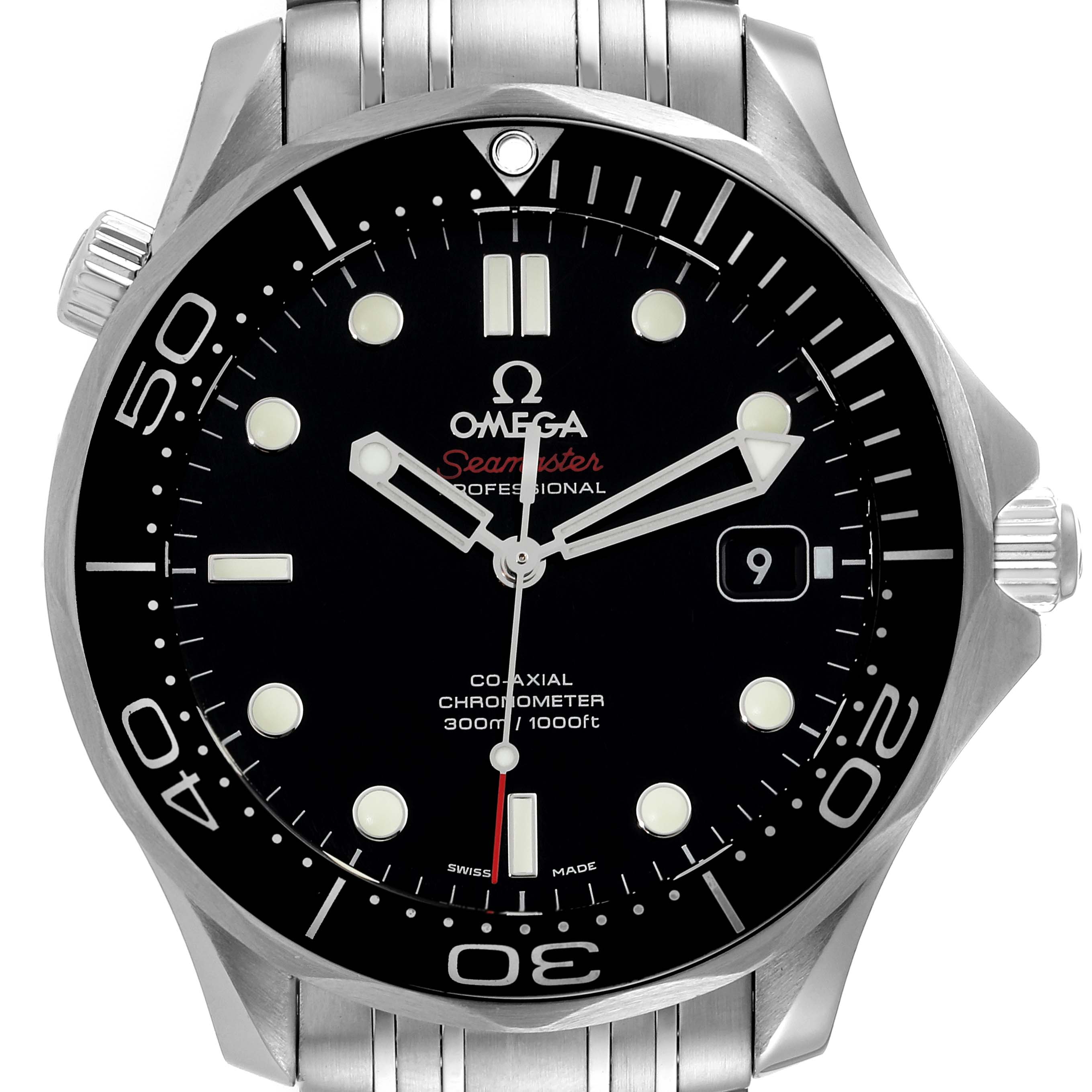 The image shows a front view of the Omega Seamaster 212.30.41.20.01.003 Men's Stainless Steel Black Dial 212.30.41.20.01.003 Men's Stainless Steel Black Dial watch, detailing the dial, bezel, hands, markers, and a portion of the stainless steel bracelet.