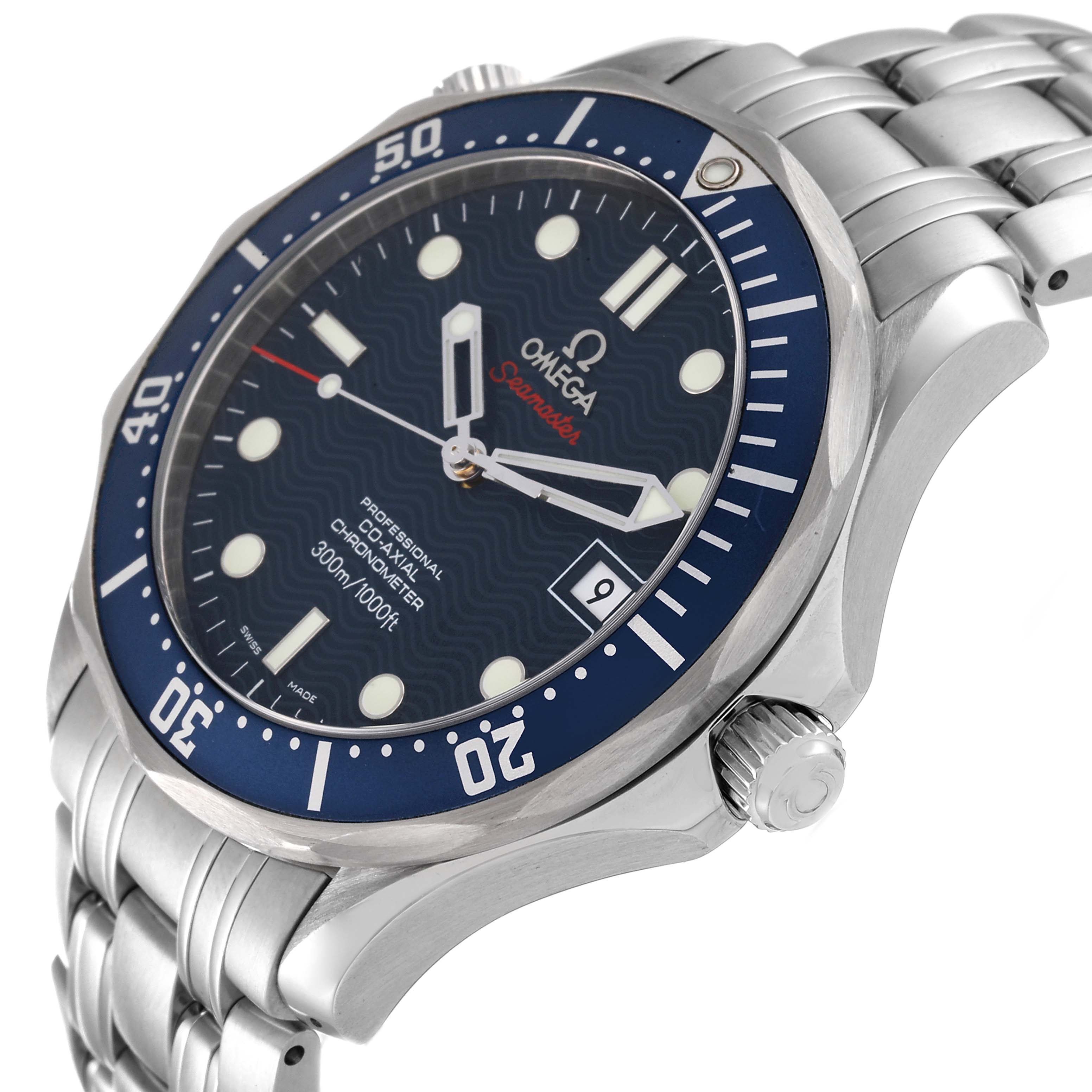 The image shows an angled view of an Omega Seamaster 2220.80.00 Men's Stainless Steel Blue Dial 2220.80.00 Men's Stainless Steel Blue Dial watch, displaying the dial, bezel, crown, and part of the bracelet.