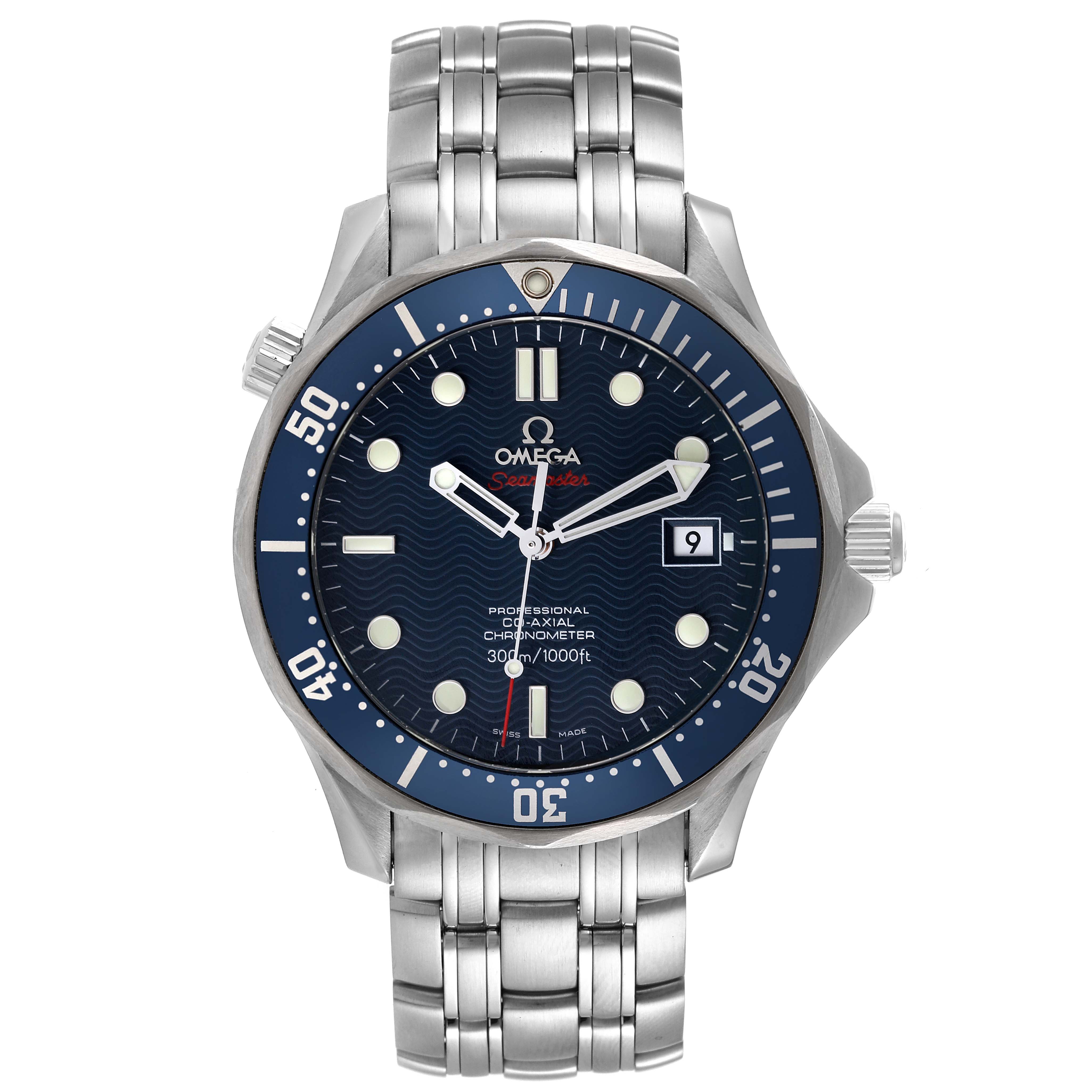 The image shows a front view of an Omega Seamaster 2220.80.00 Men's Stainless Steel Blue Dial 2220.80.00 Men's Stainless Steel Blue Dial watch, highlighting its blue dial, stainless steel bracelet, and bezel.