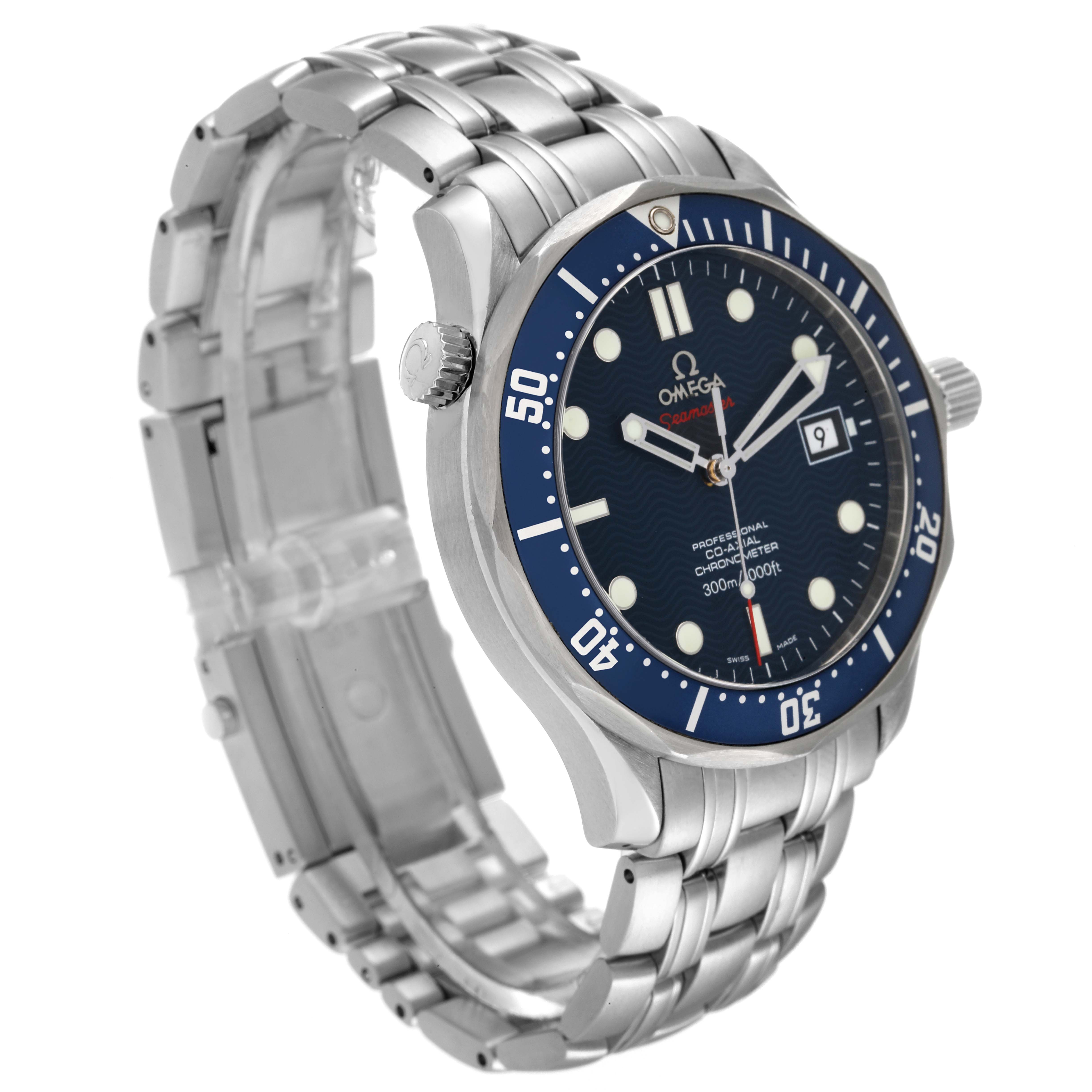 The Omega Seamaster 2220.80.00 Men's Stainless Steel Blue Dial 2220.80.00 Men's Stainless Steel Blue Dial watch is shown at a slight angle, highlighting its stainless steel bracelet, blue dial, and bezel.