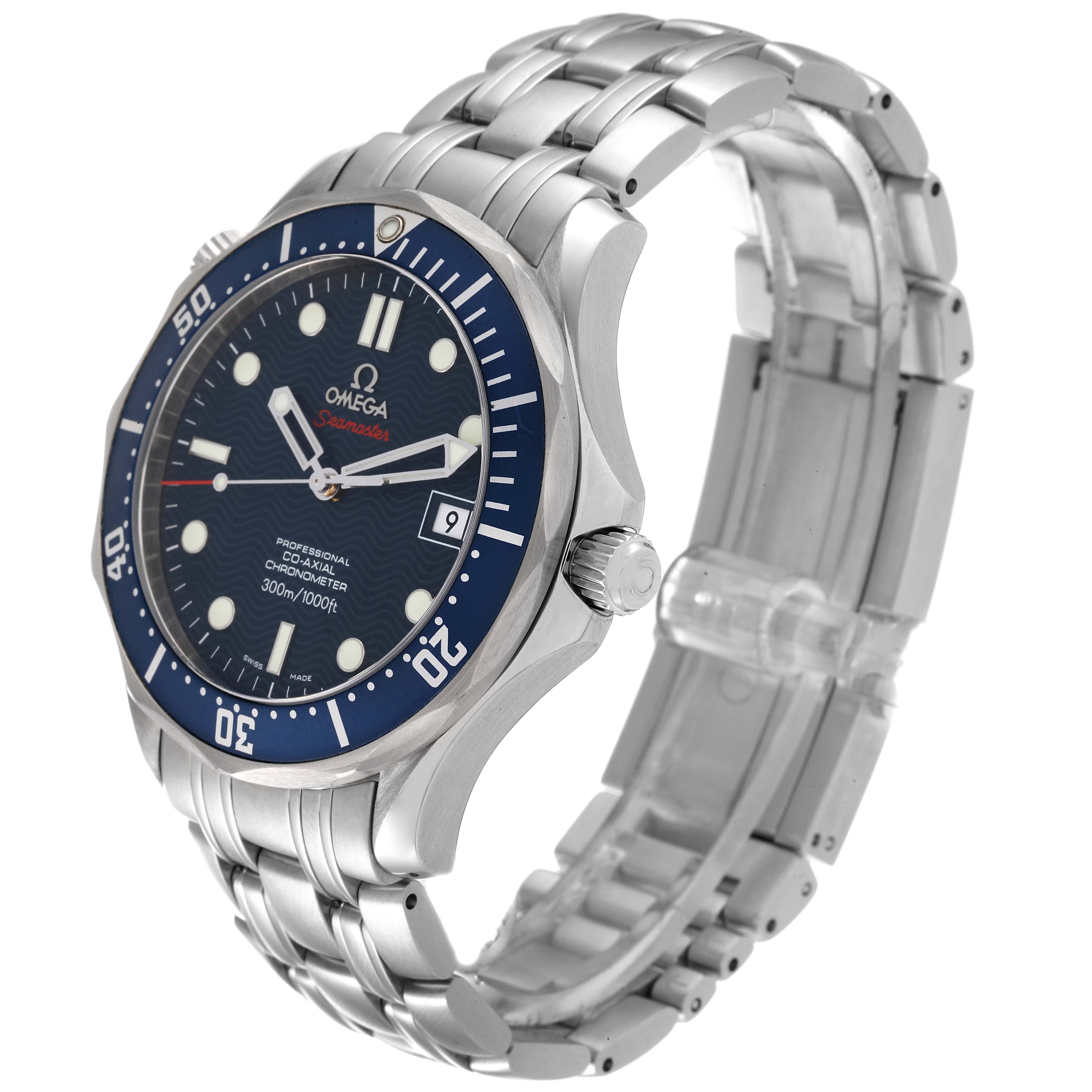 A side angle view of the Omega Seamaster 2220.80.00 Men's Stainless Steel Blue Dial 2220.80.00 Men's Stainless Steel Blue Dial watch is shown, highlighting its face, bezel, crown, and bracelet.