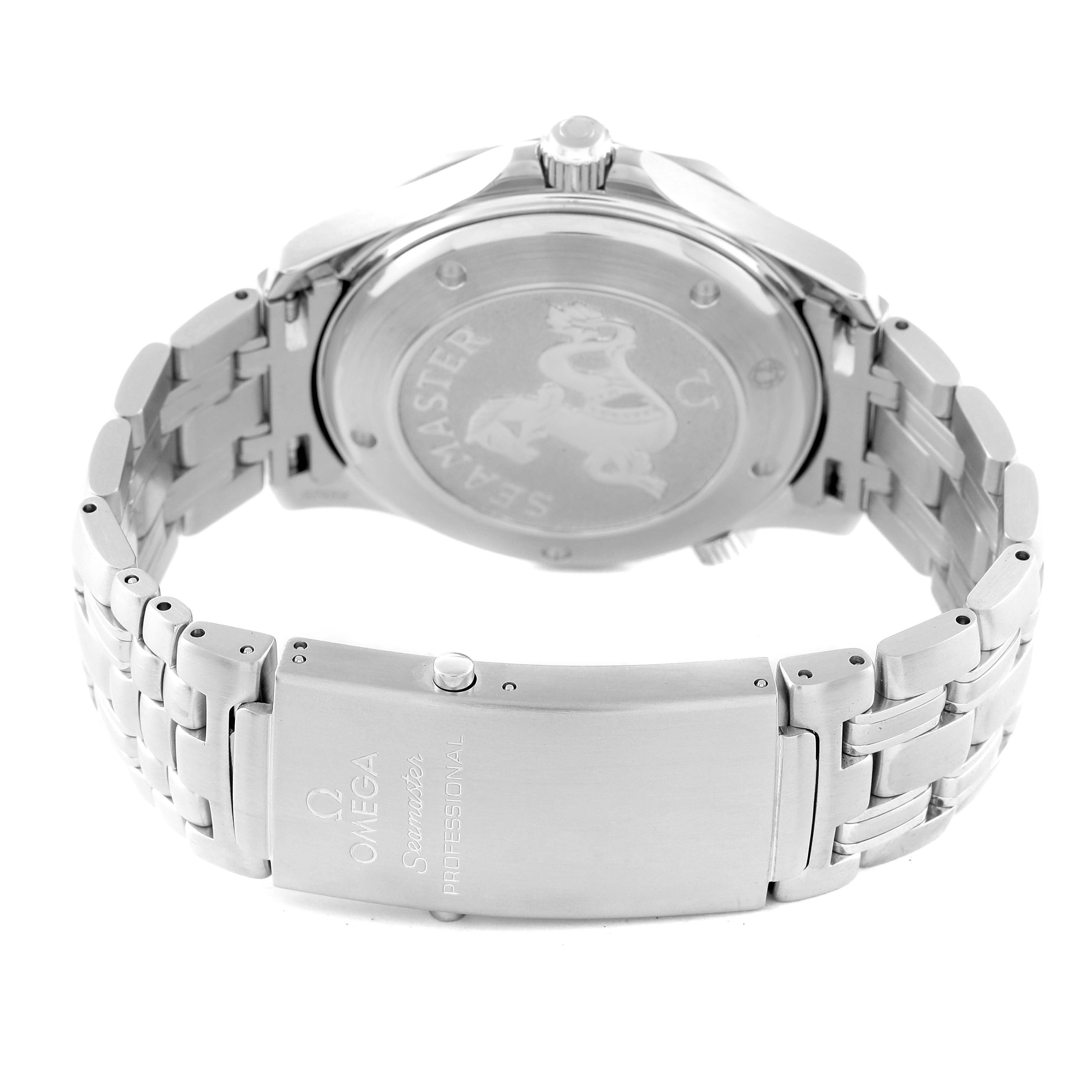 The image shows the back case and clasp of the Omega Seamaster 2220.80.00 Men's Stainless Steel Blue Dial 2220.80.00 Men's Stainless Steel Blue Dial watch, highlighting the bracelet and the engraved case back.