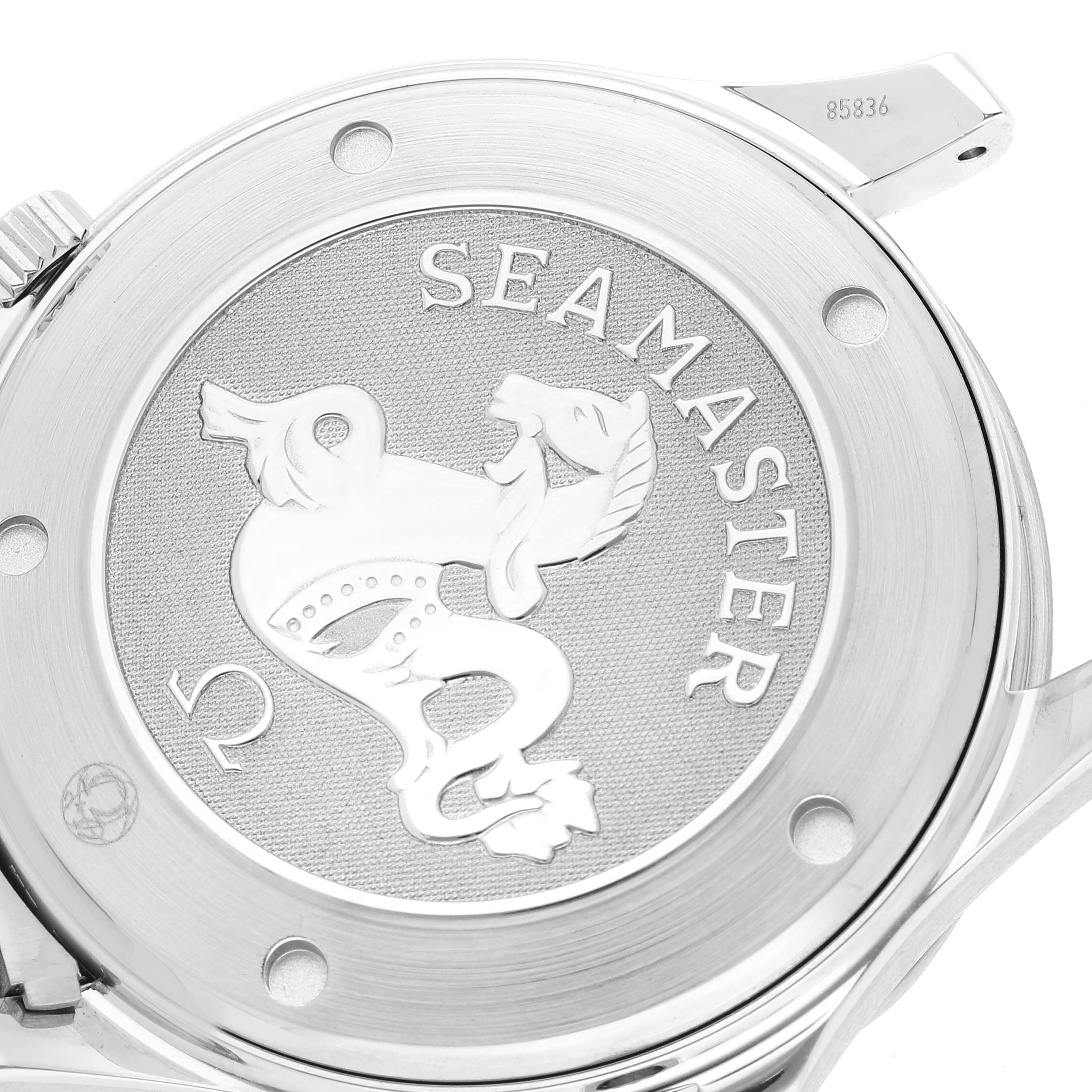 The image shows the back case of an Omega Seamaster 2220.80.00 Men's Stainless Steel Blue Dial 2220.80.00 Men's Stainless Steel Blue Dial watch engraved with the brand's logo and signature design elements.