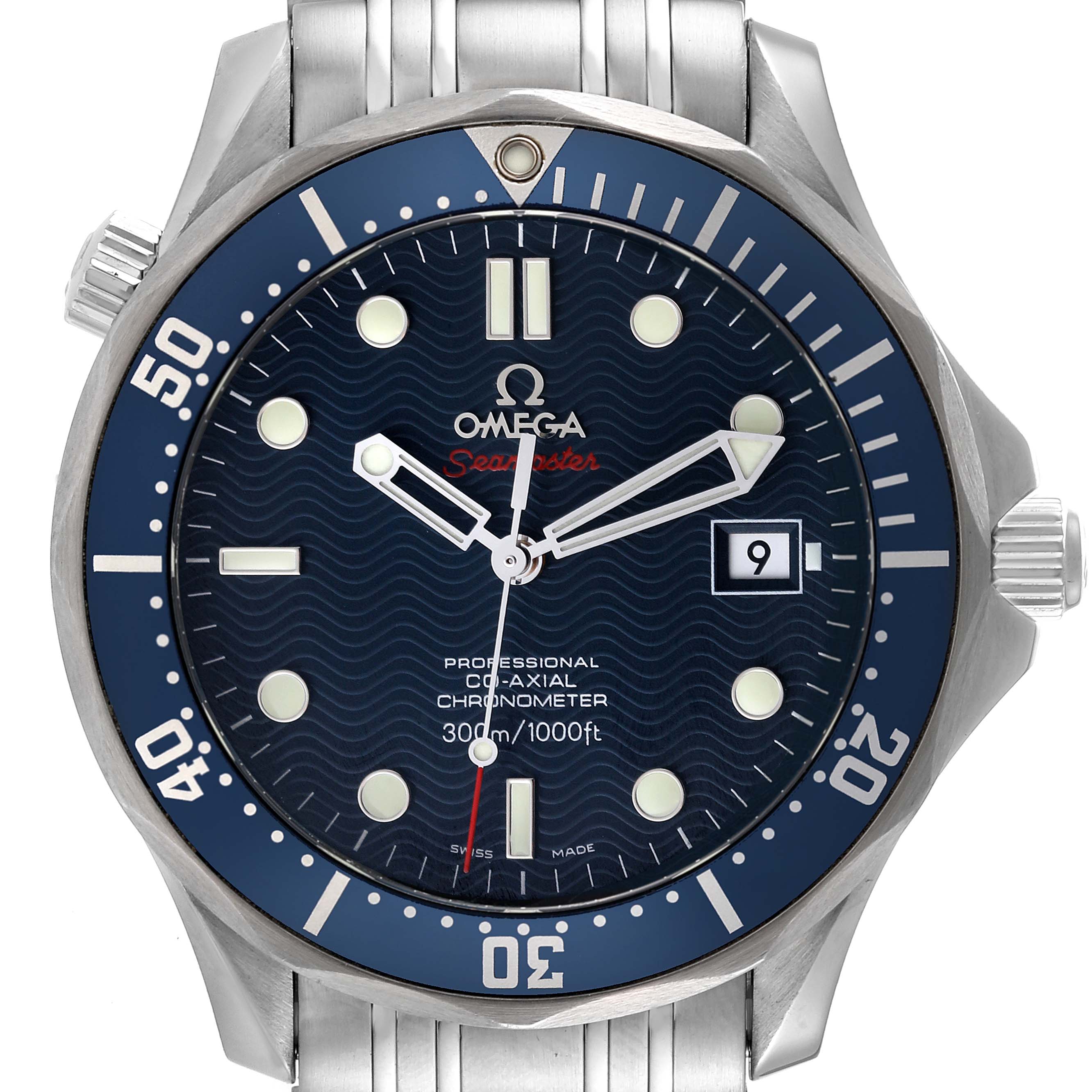 The image shows a front view of the Omega Seamaster 2220.80.00 Men's Stainless Steel Blue Dial 2220.80.00 Men's Stainless Steel Blue Dial watch, highlighting the dial, bezel, hands, date window, and bracelet.