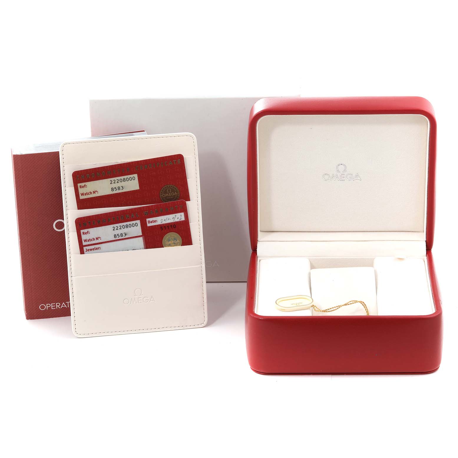 The image shows the packaging and accessories for the Omega Seamaster 2220.80.00 Men's Stainless Steel Blue Dial 2220.80.00 Men's Stainless Steel Blue Dial, including a red box, operation manual, and authentication cards.