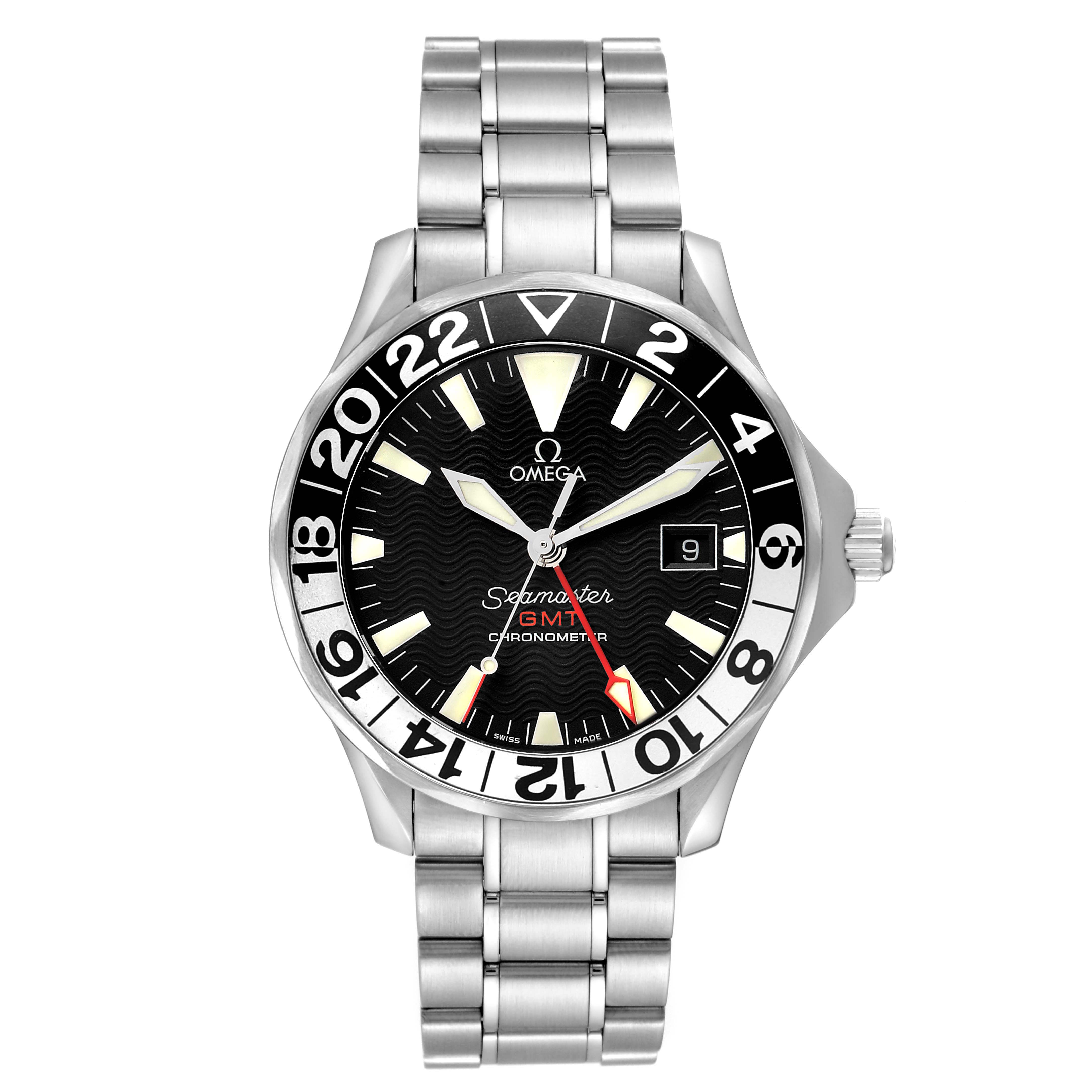 The Omega Seamaster 2234.50.00 Men's Stainless Steel Black Dial watch is shown from a top-down angle, highlighting its dial, bezel, crown, and bracelet.