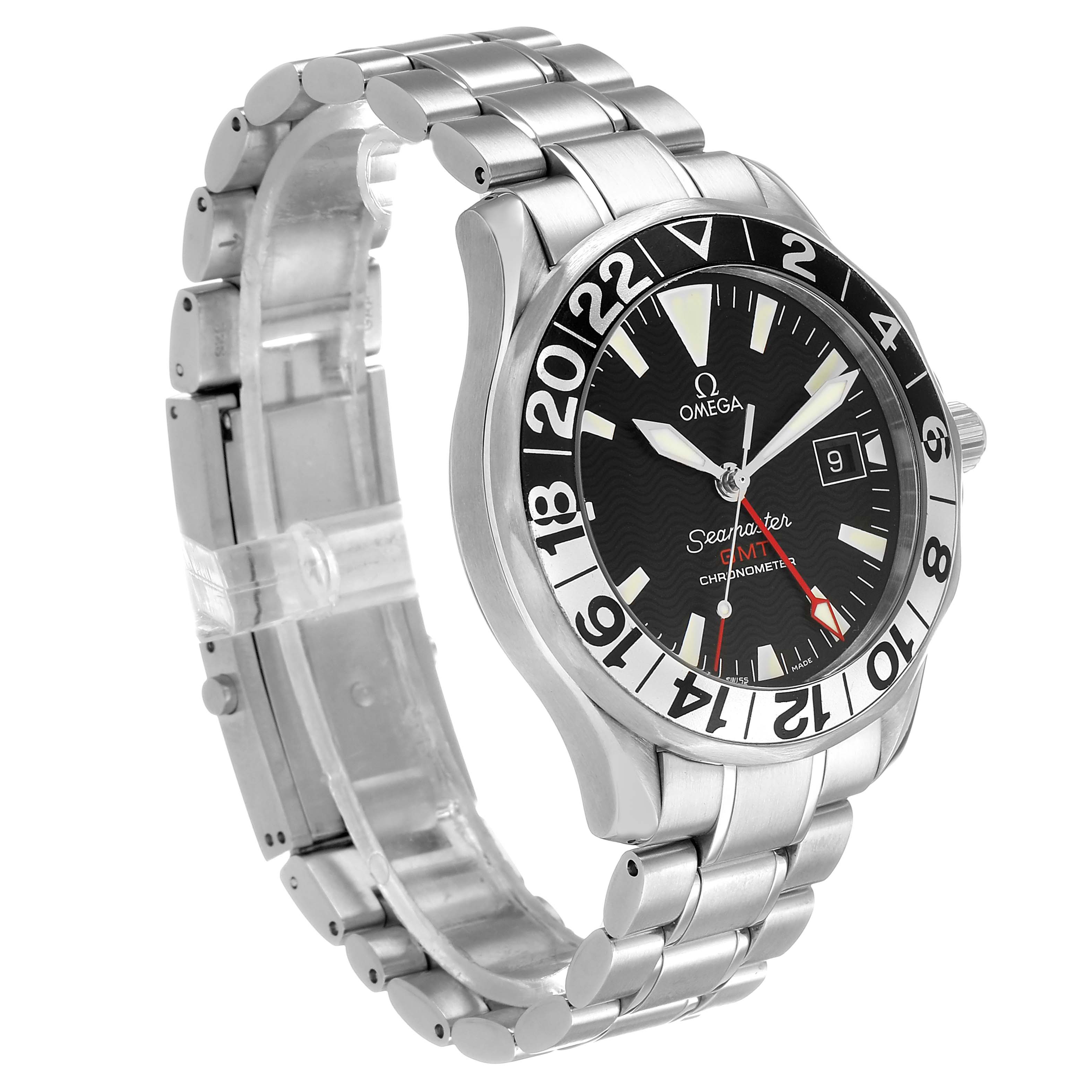 The Omega Seamaster 2234.50.00 Men's Stainless Steel Black Dial watch is shown from a three-quarter angle, displaying its face, bezel, and bracelet.