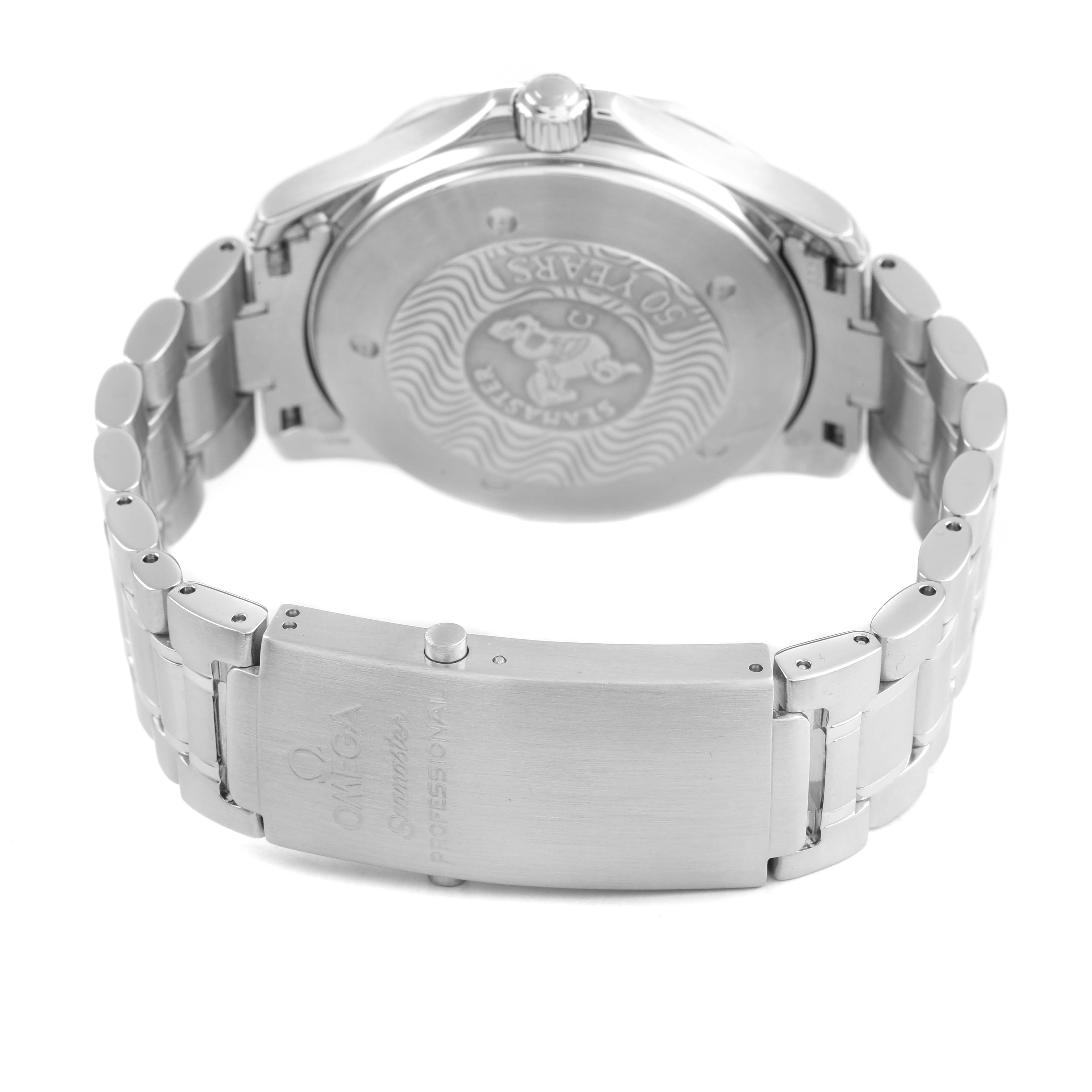 The image shows the back of the Omega Seamaster 2234.50.00 Men's Stainless Steel Black Dial watch, highlighting its clasp and engraved case back.
