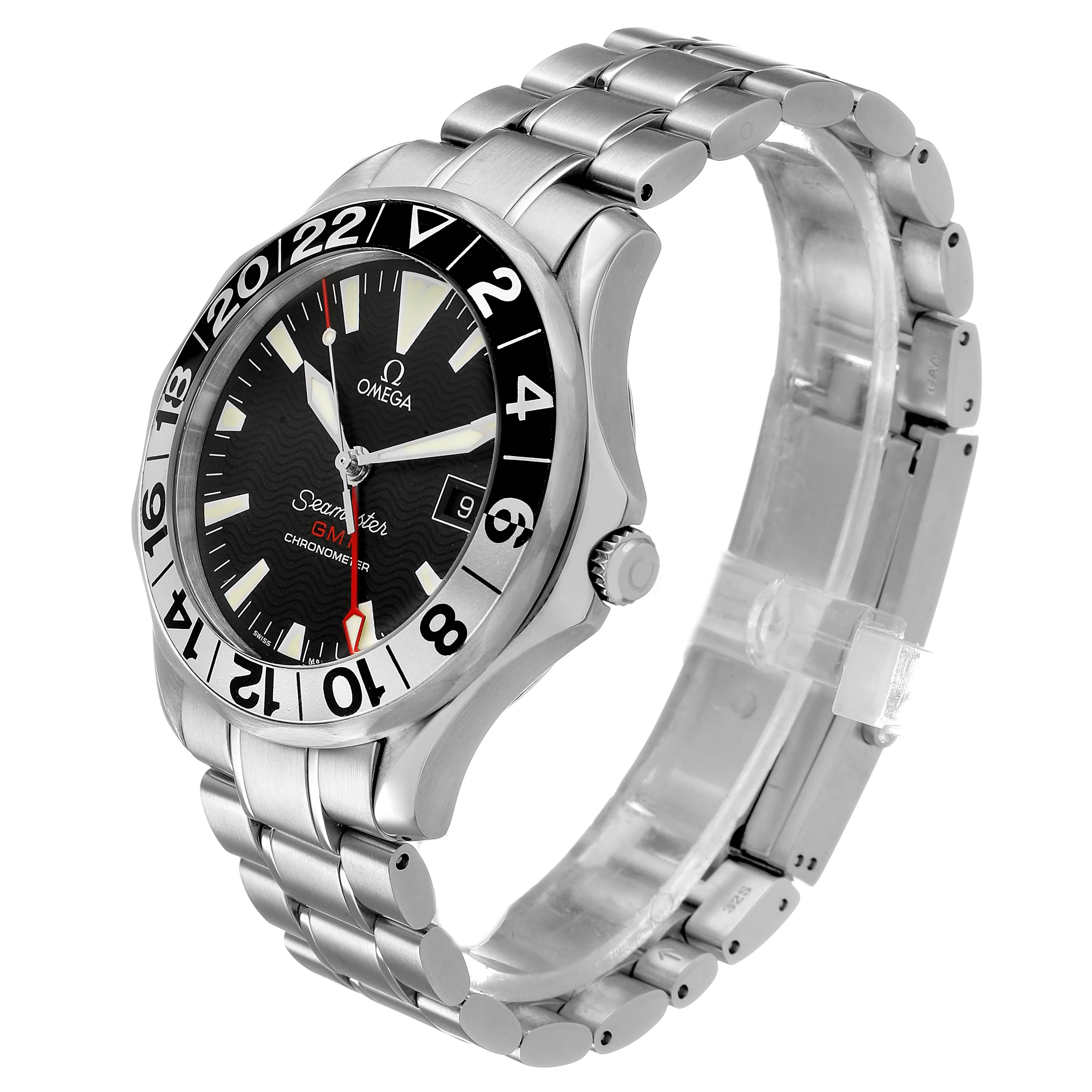 The Omega Seamaster 2234.50.00 Men's Stainless Steel Black Dial watch is shown at a three-quarter angle, highlighting the face, bezel, and steel bracelet.