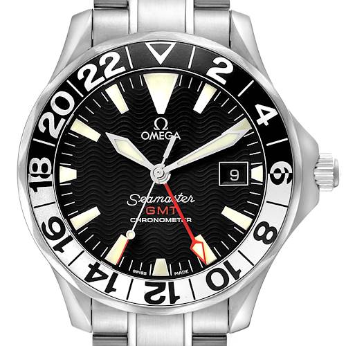 The Omega Seamaster 2234.50.00 Men's Stainless Steel Black Dial GMT is shown from a frontal angle, displaying the dial, bezel, and bracelet.