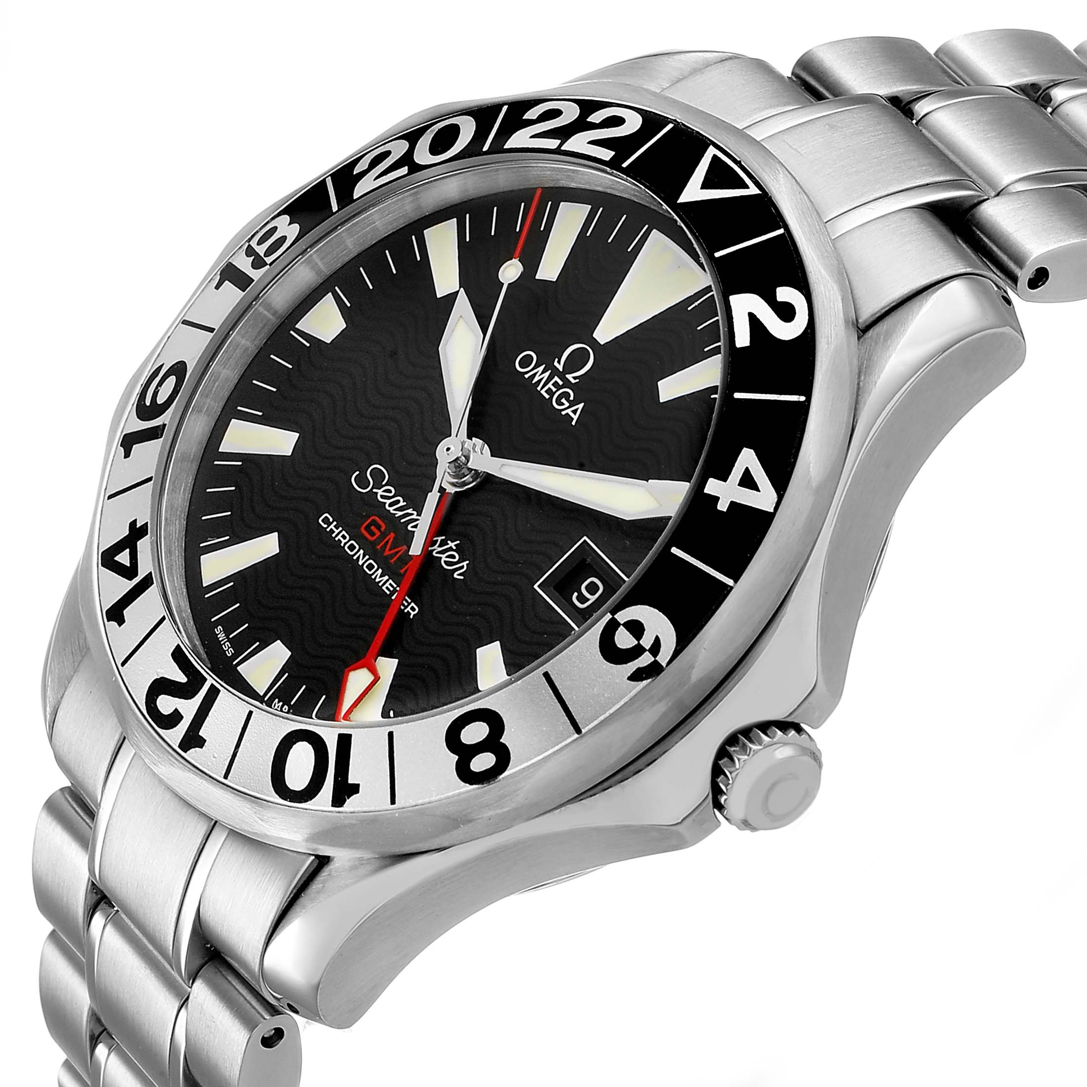 The Omega Seamaster 2234.50.00 Men's Stainless Steel Black Dial watch is shown at a slight angle, displaying the face, bezel, crown, and parts of the bracelet.