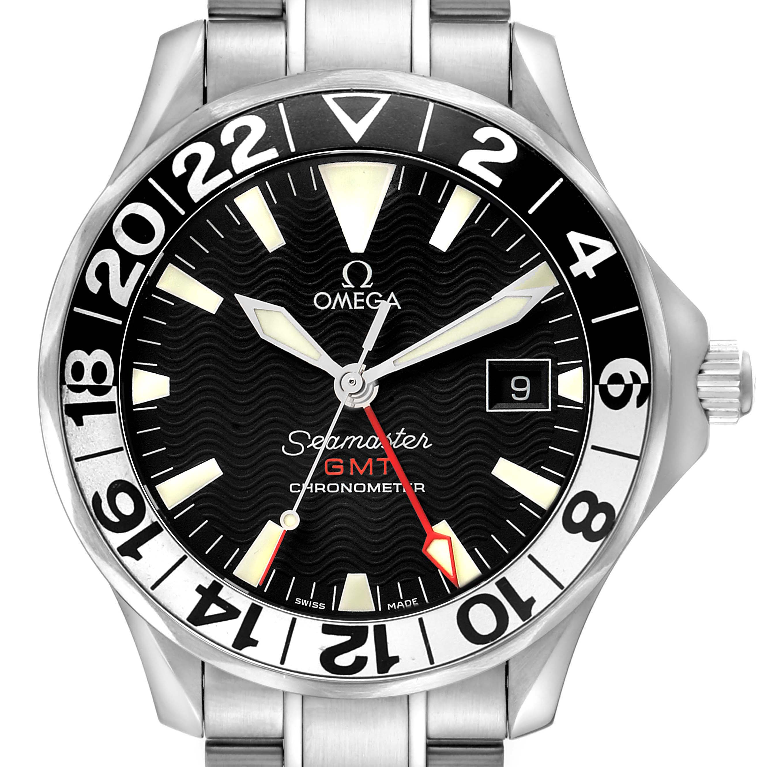 The Omega Seamaster 2234.50.00 Men's Stainless Steel Black Dial watch is shown from the front, highlighting the face, bezel, and bracelet.