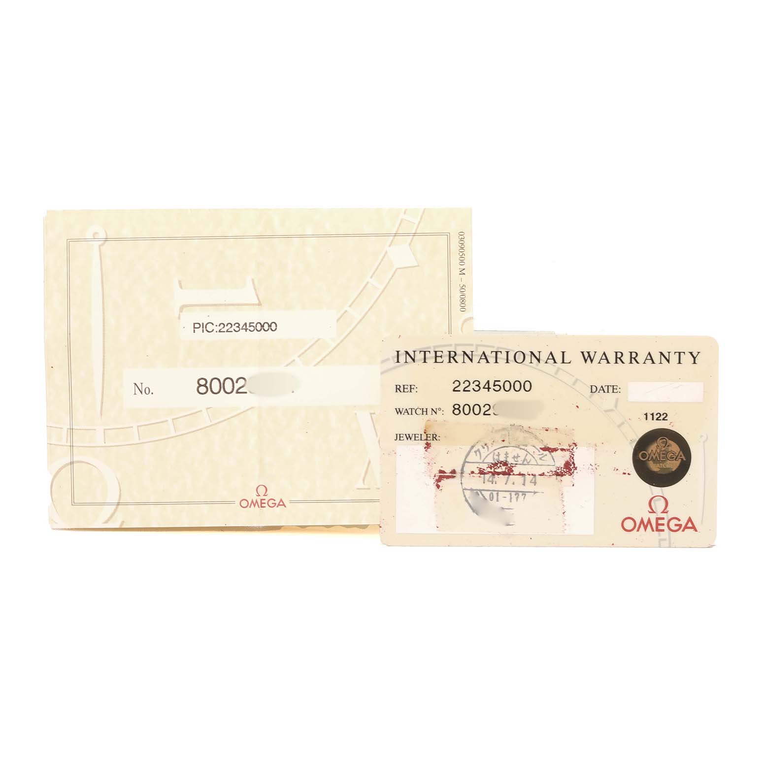 The image shows an Omega Seamaster 2234.50.00 Men's Stainless Steel Black Dial warranty card and accompanying paperwork from a top-down angle.