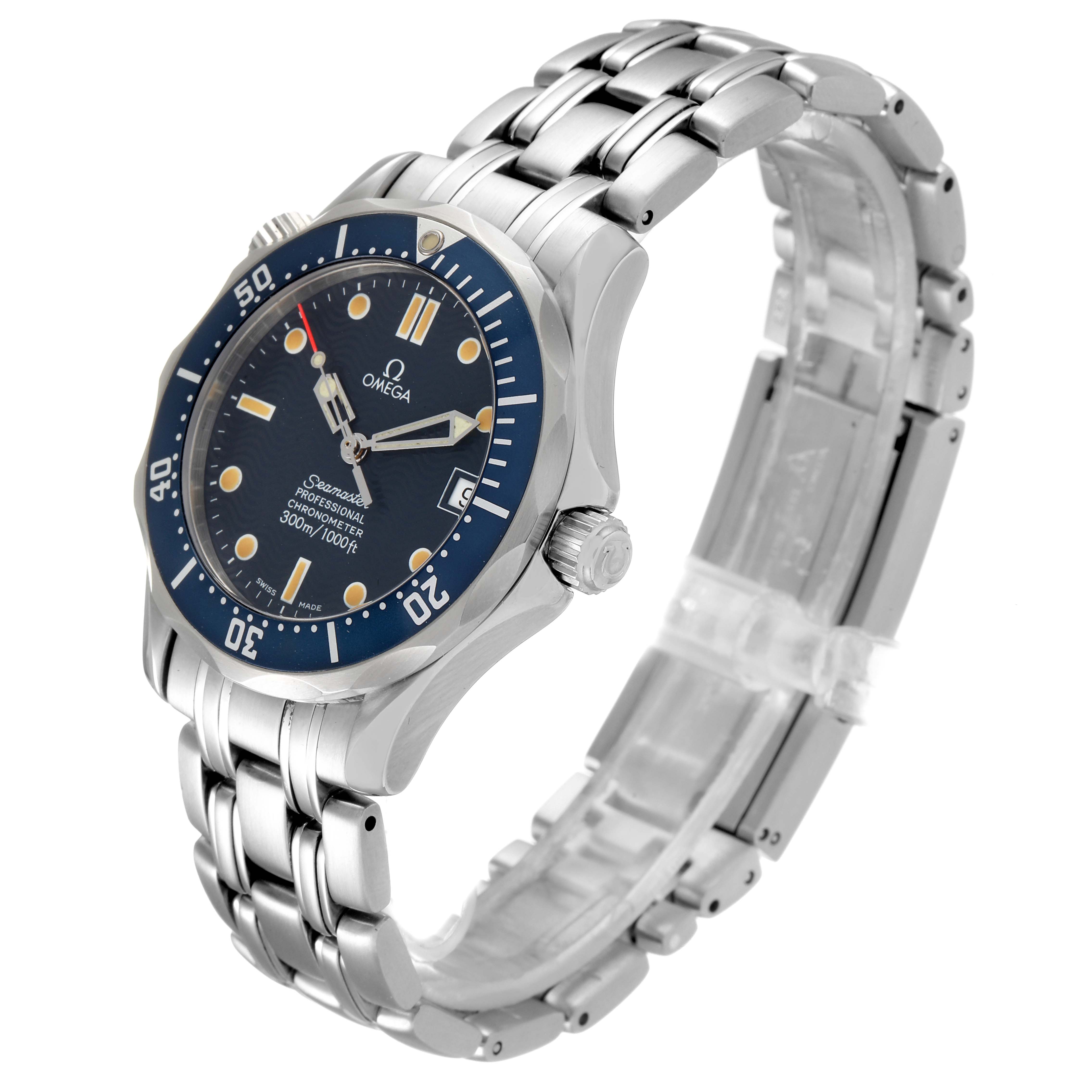 The image shows a side and front angle of an Omega Seamaster 2551.80.00 Men
s Stainless Steel Blue Dial 2551.80.00 Men
s Stainless Steel Blue Dial watch, highlighting its blue bezel, dial, and stainless steel bracelet.