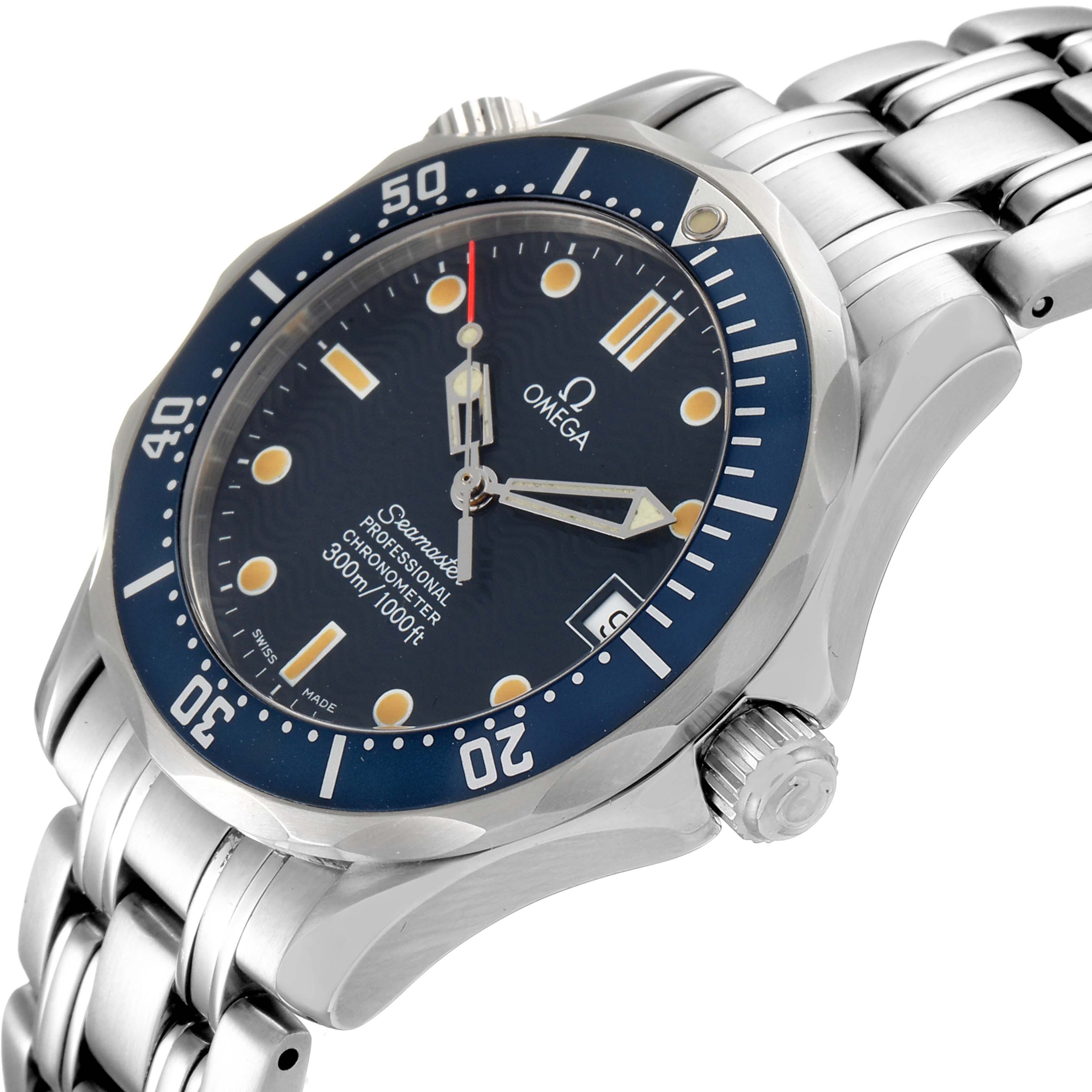 The Omega Seamaster 2551.80.00 Men
s Stainless Steel Blue Dial 2551.80.00 Men
s Stainless Steel Blue Dial watch is shown at an angled view highlighting the face, bezel, crown, and a portion of the bracelet.