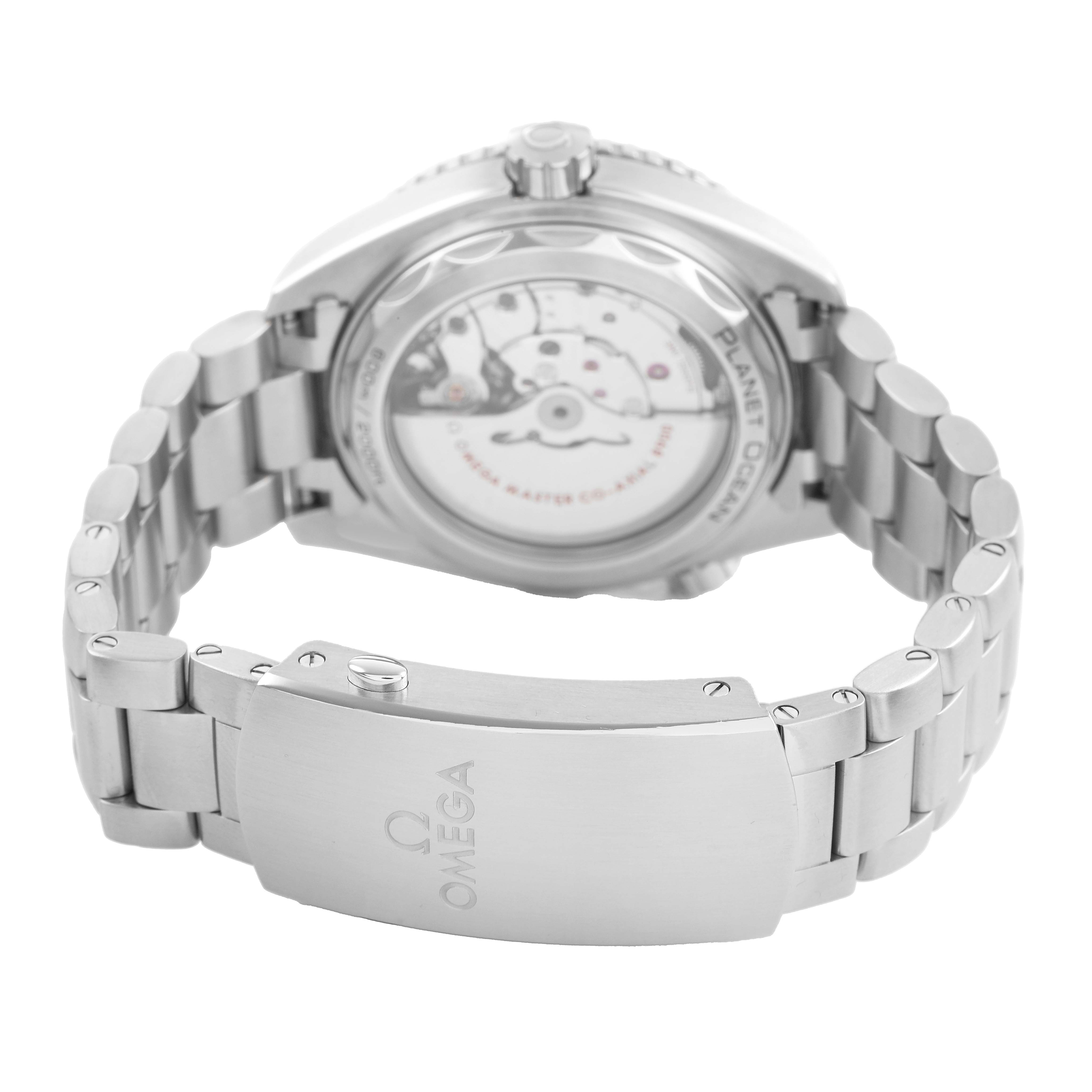 The Omega Planet Ocean 215.30.44.21.03.001 Men's Stainless Steel Blue Dial watch is shown from the back, displaying the open case back and stainless steel bracelet.