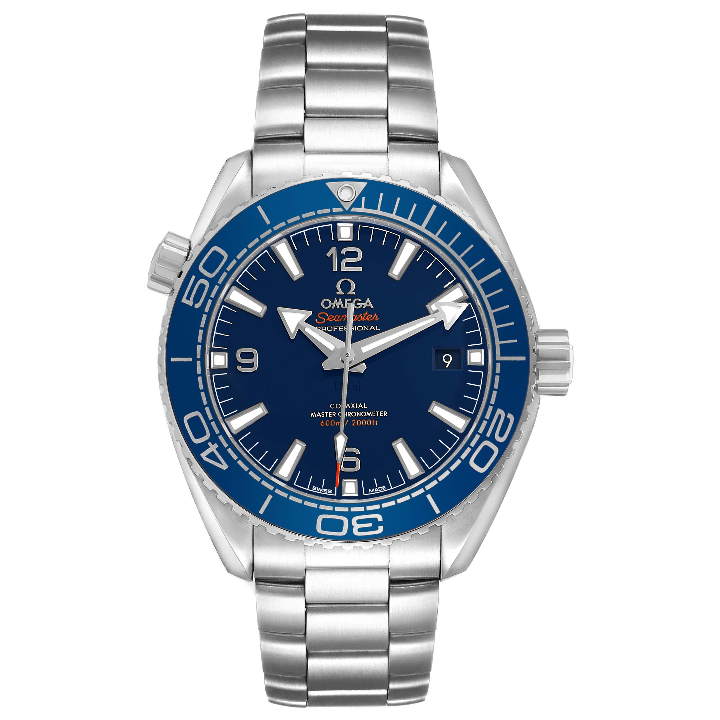 The Omega Planet Ocean 215.30.44.21.03.001 Men's Stainless Steel Blue Dial watch is shown from a front view, highlighting the bezel, dial, markers, and bracelet.