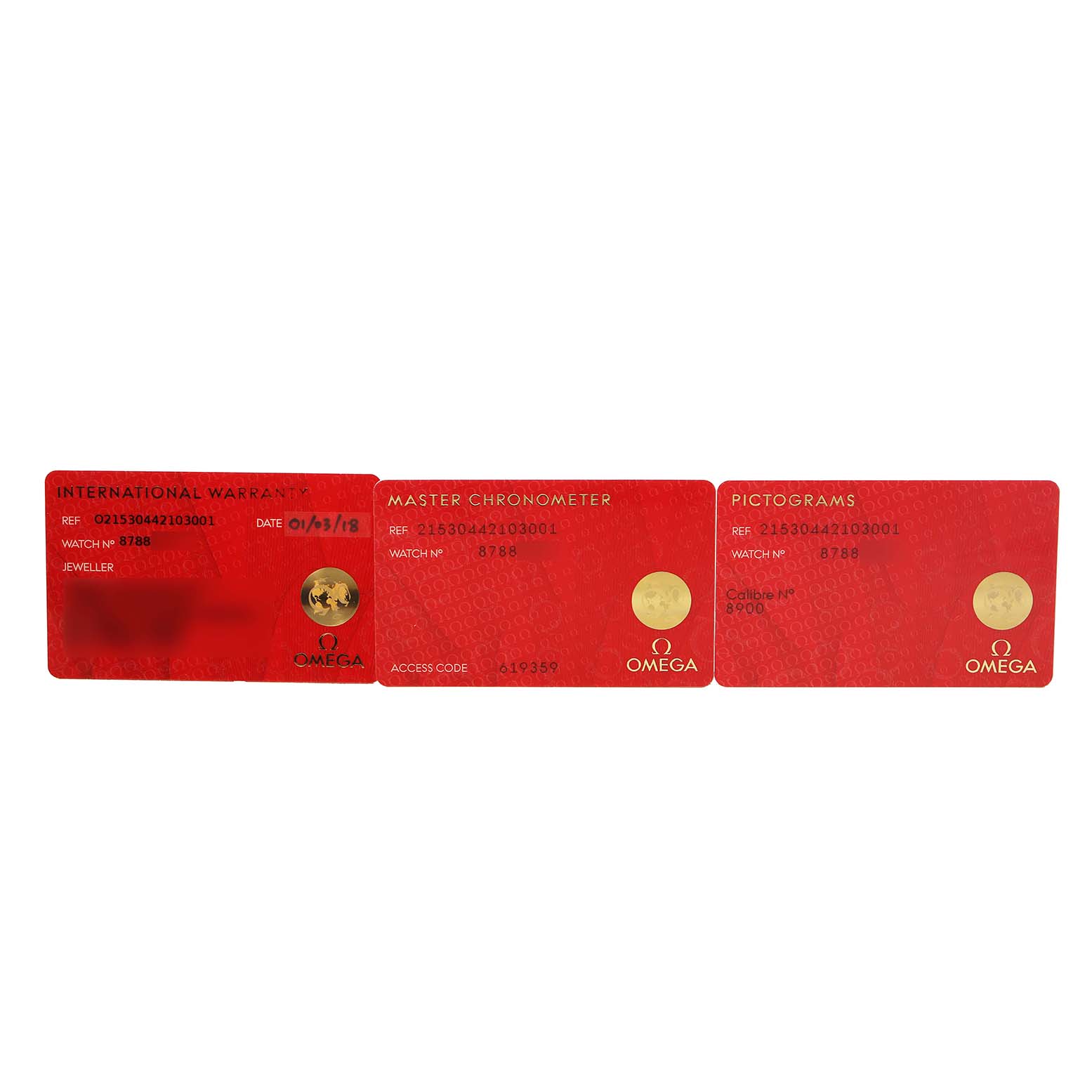 This image shows three red certification cards for the Omega Planet Ocean 215.30.44.21.03.001 Men's Stainless Steel Blue Dial model, including warranty and chronometer details.
