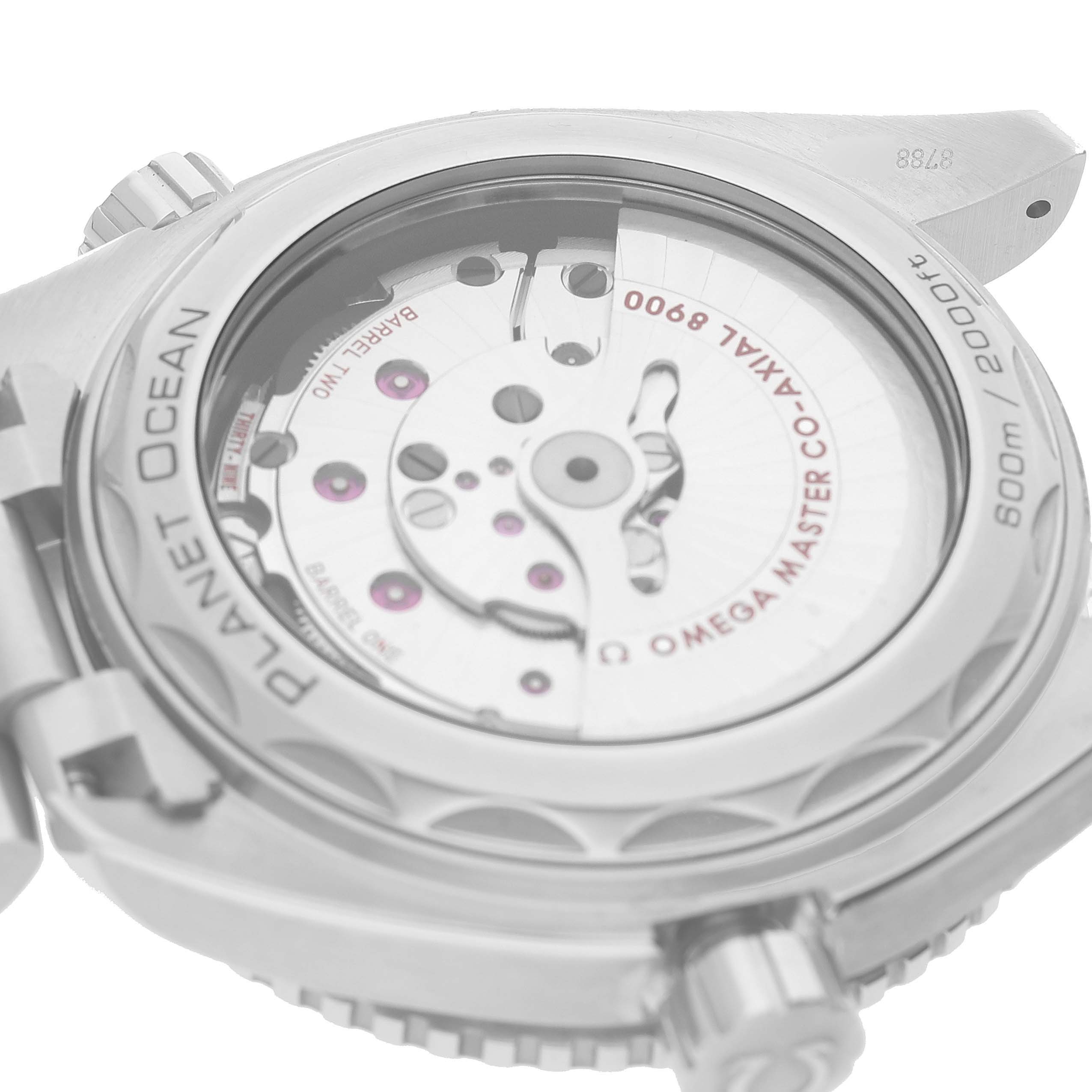 The image shows the case back and movement of the Omega Planet Ocean 215.30.44.21.03.001 Men's Stainless Steel Blue Dial watch from an angled view, highlighting the rotor and parts.