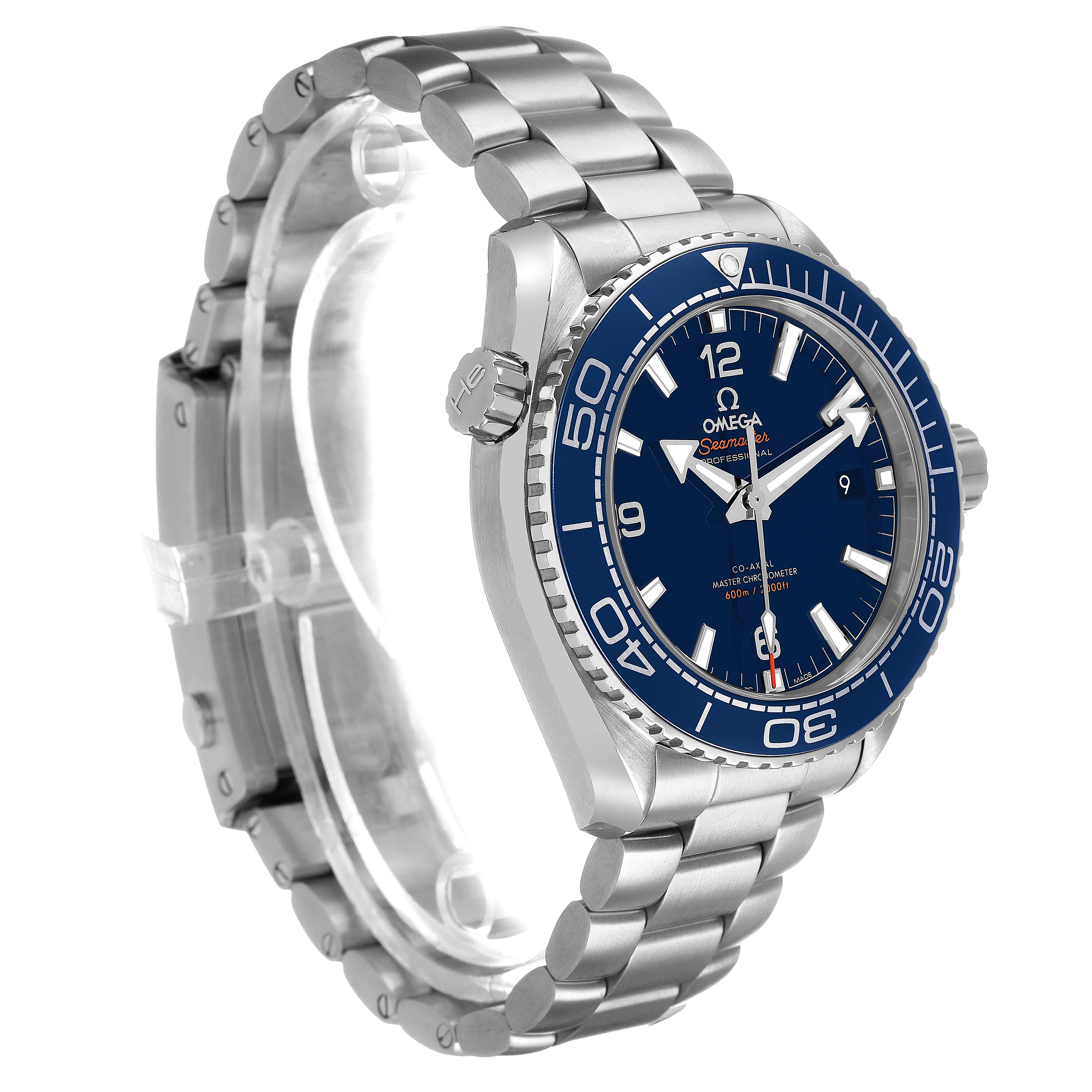The Omega Planet Ocean 215.30.44.21.03.001 Men's Stainless Steel Blue Dial watch is shown at a three-quarter angle displaying the face, bezel, crown, and part of the bracelet.