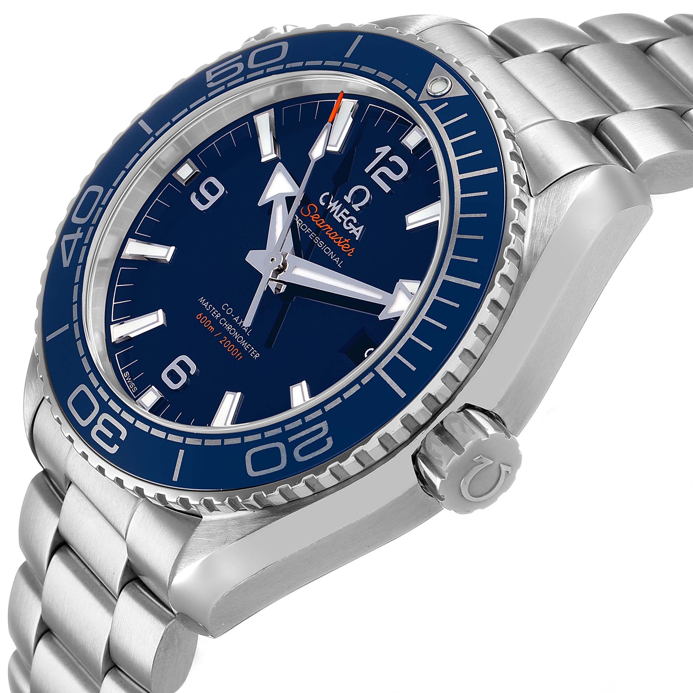 The Omega Planet Ocean 215.30.44.21.03.001 Men's Stainless Steel Blue Dial watch is shown at an angled side view, highlighting the bezel, dial, crown, and bracelet.