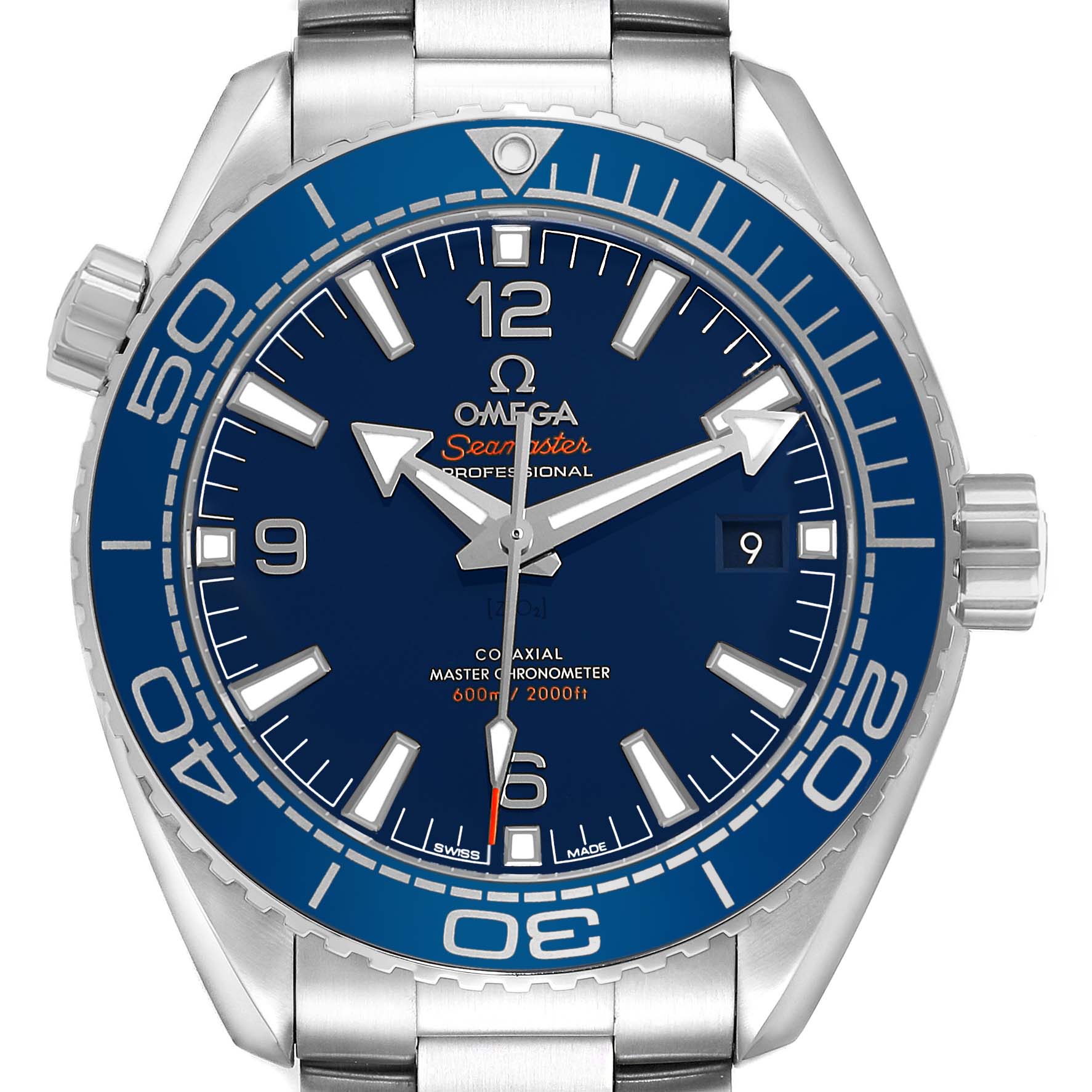The Omega Planet Ocean 215.30.44.21.03.001 Men's Stainless Steel Blue Dial watch is shown from the front, highlighting the dial, bezel, and part of the bracelet.