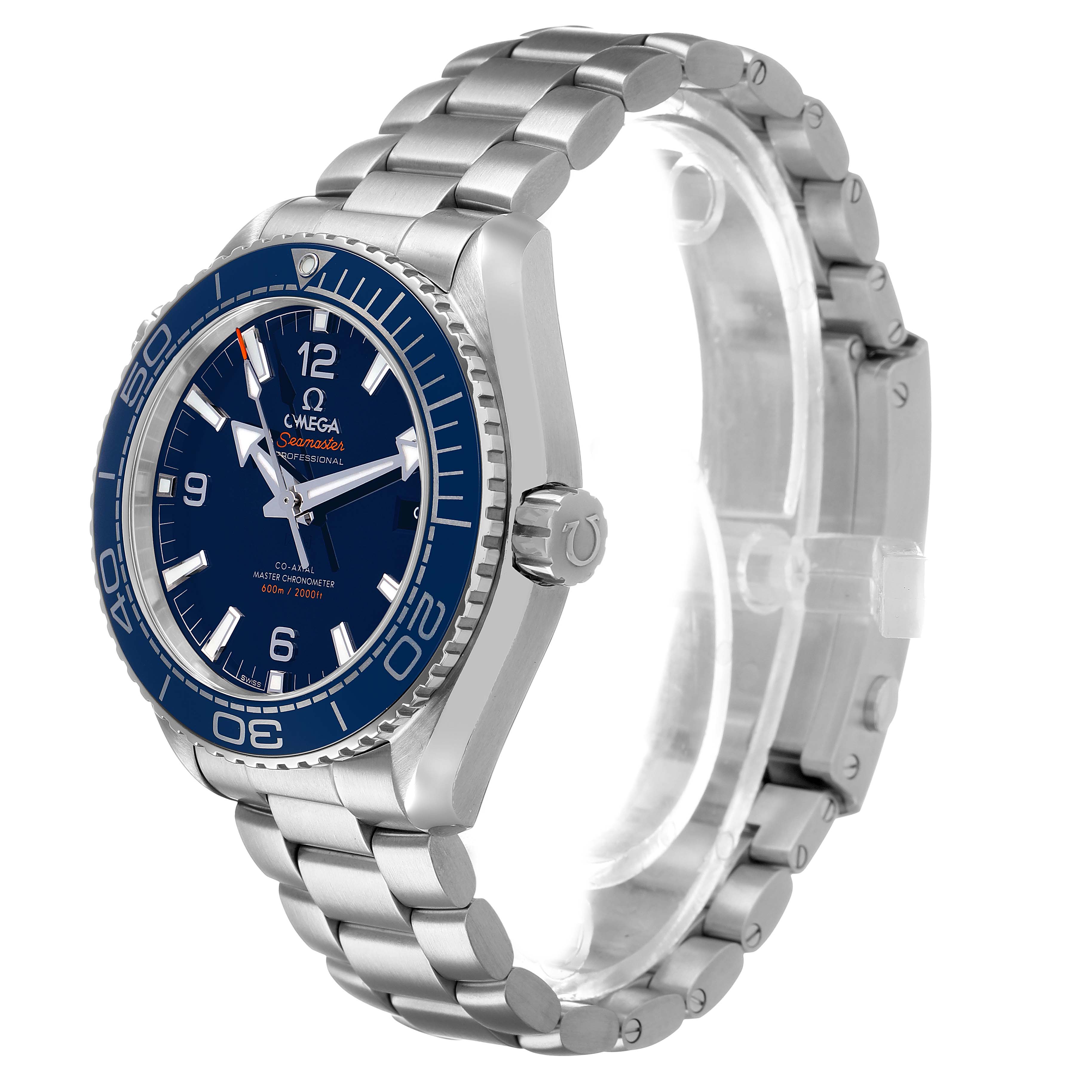 The Omega Planet Ocean 215.30.44.21.03.001 Men's Stainless Steel Blue Dial watch is shown from a three-quarter angle, highlighting the blue dial, bezel, and stainless steel bracelet.