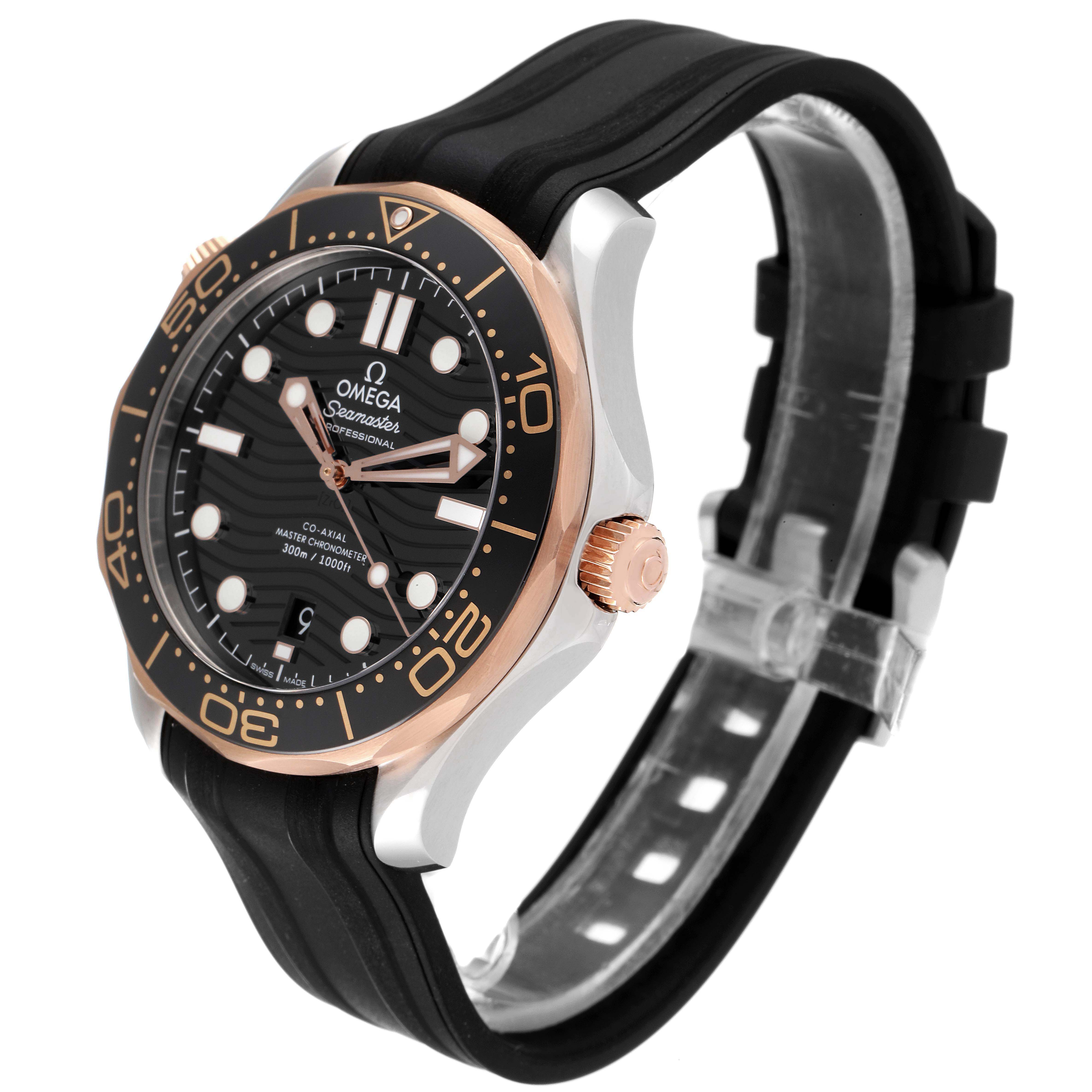 This Omega Seamaster 210.22.42.20.01.002 Men's Steel and Gold (two tone) Black Dial 210.22.42.20.01.002 Men's Steel and Gold (two tone) Black Dial watch image shows the front and side angles, featuring the dial, bezel, crown, and strap.