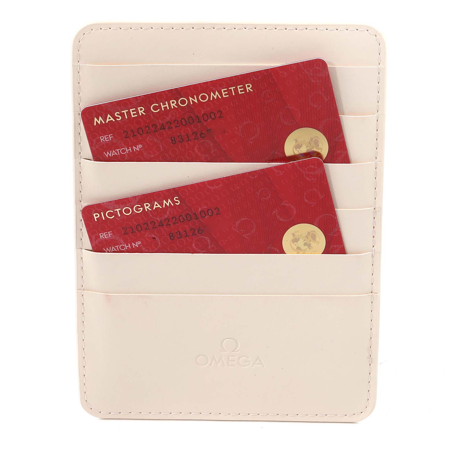 The image shows an Omega cardholder with two red cards labeled Master Chronometer and Pictograms for the Seamaster model.