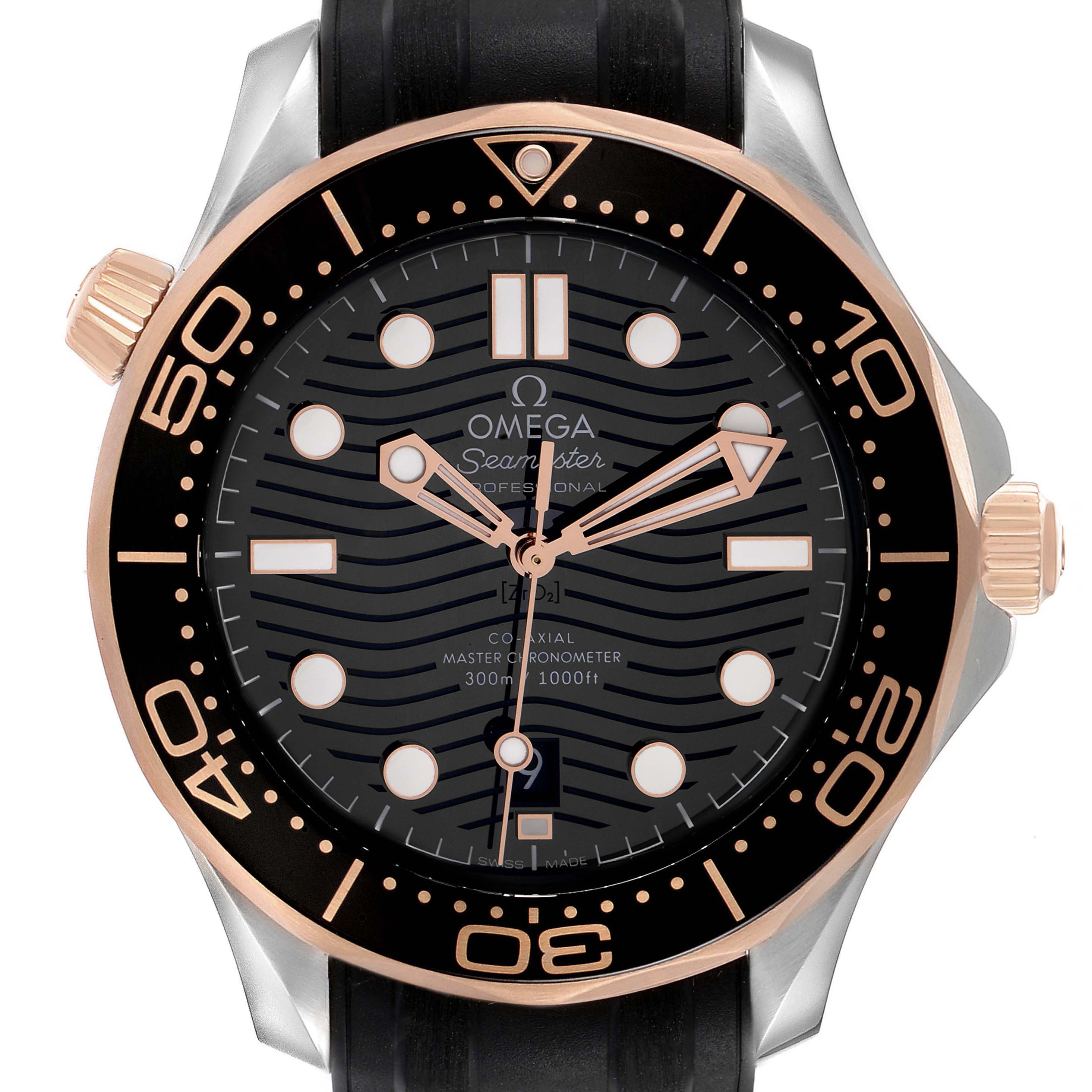 The image shows a front view of the Omega Seamaster 210.22.42.20.01.002 Men's Steel and Gold (two tone) Black Dial 210.22.42.20.01.002 Men's Steel and Gold (two tone) Black Dial watch, highlighting the dial, bezel, and crown.