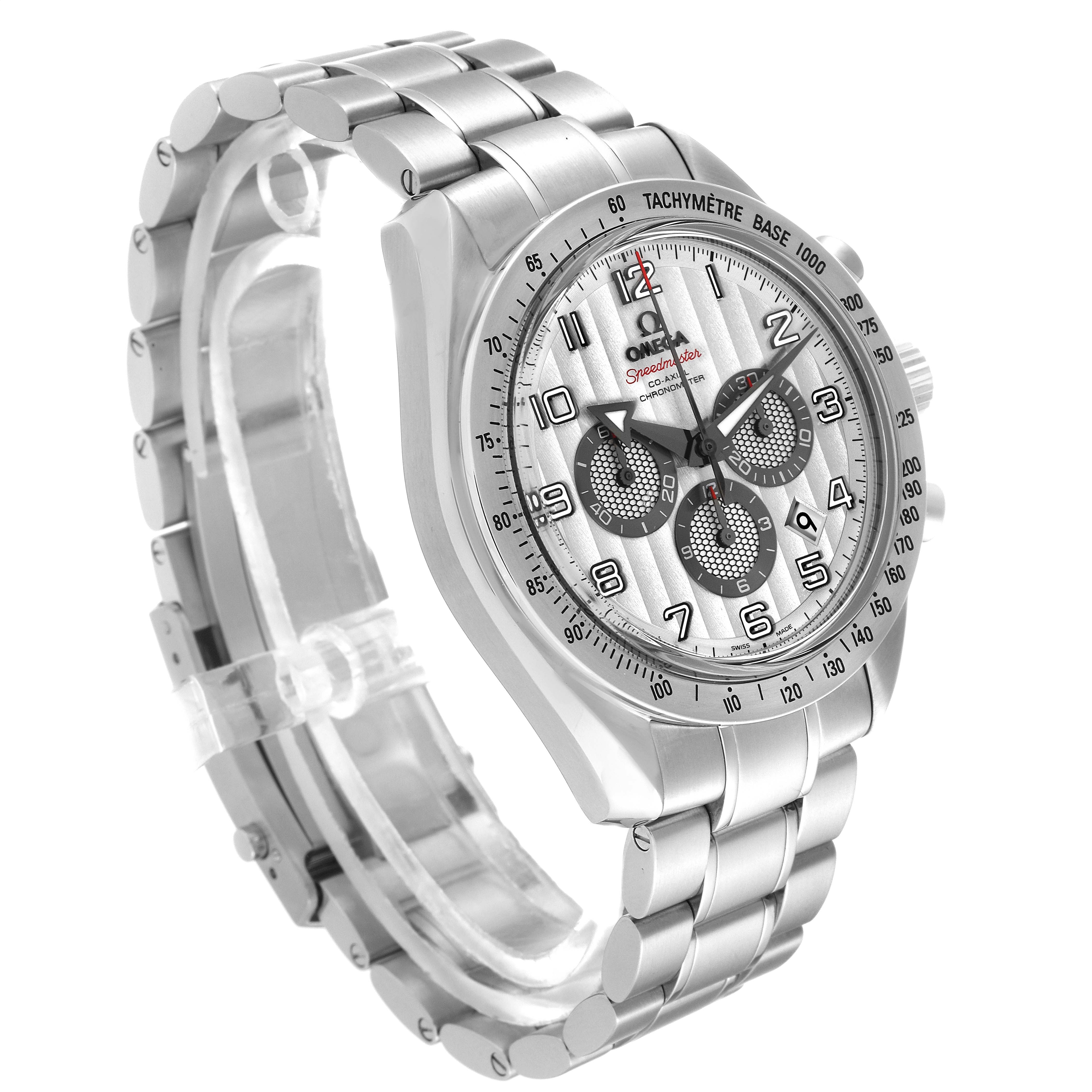 The Omega Speedmaster 321.10.44.50.02.001 Men's Stainless Steel Silver Dial 321.10.44.50.02.001 Men's Stainless Steel Silver Dial watch is shown at an angled front view, revealing its face, tachymeter bezel, and metal bracelet.
